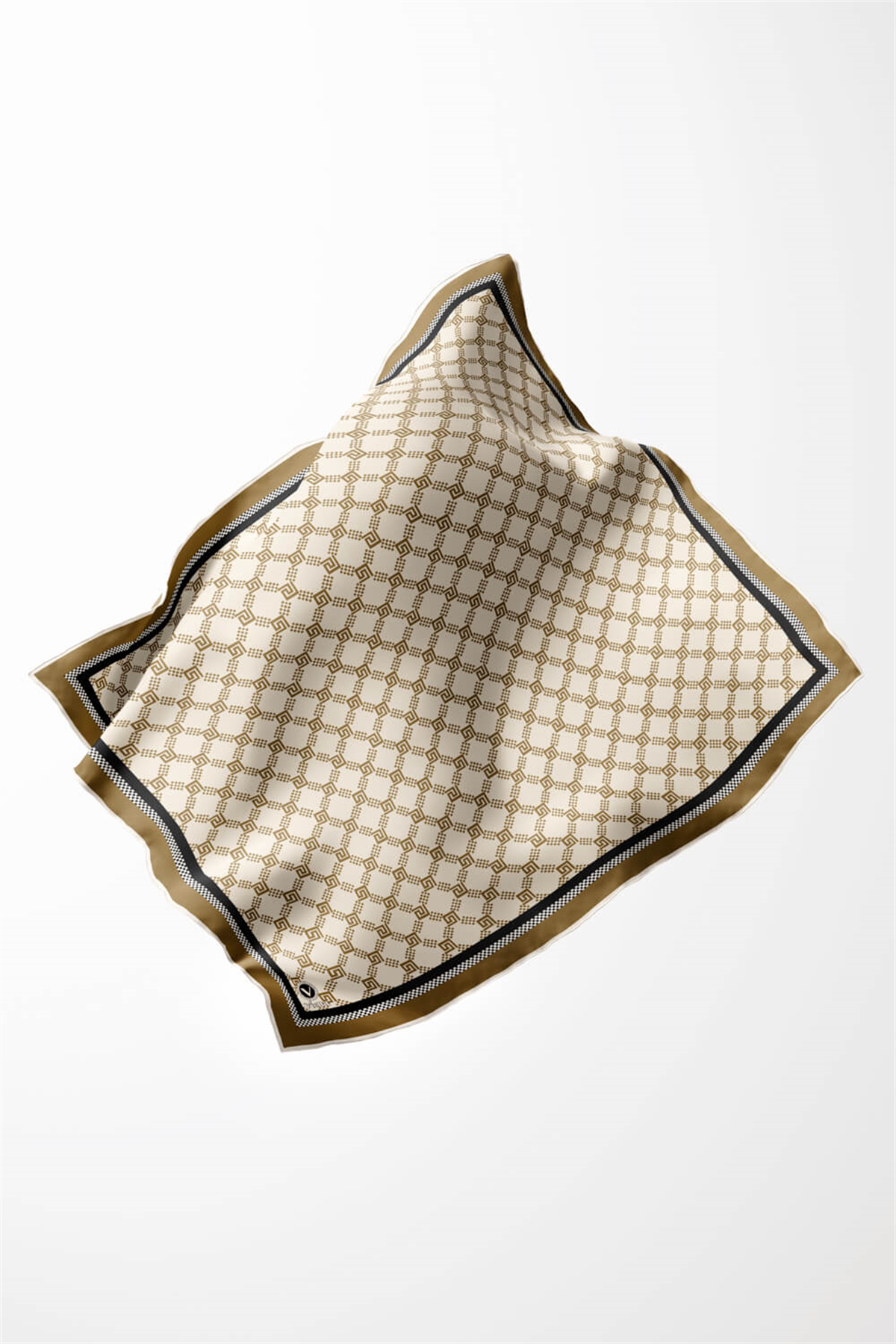 Twill Minik Motifli Geometrik Desenli Bej - Kahverengi Renkli 90x90 Eşarp (İpek İçermez) Dikim Şekli : El Dikişi