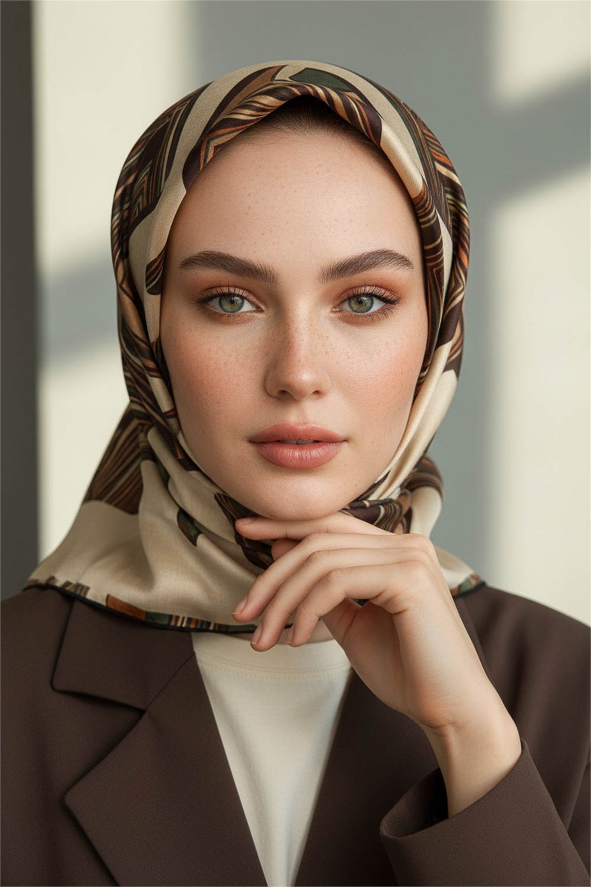 %100 Twill İpek Geometrik Kare Desenli Haki - Bej Renkli 90x90 Eşarp Dikim Şekli : El Dikişi
