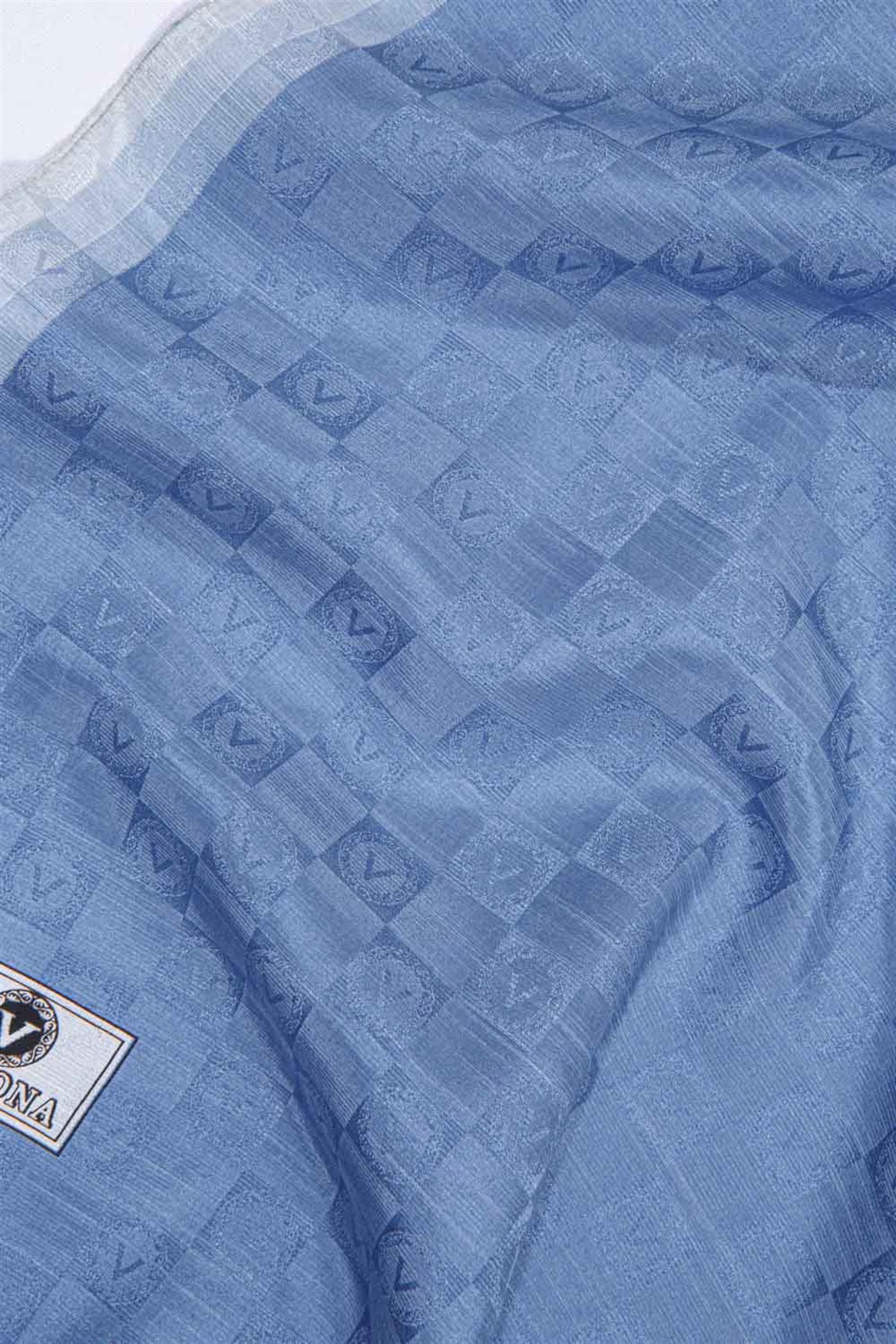 %57 İPEK %43 PAMUK MONOGRAM DESENLİ İNDİGO RENKLİ 70X190 ŞAL