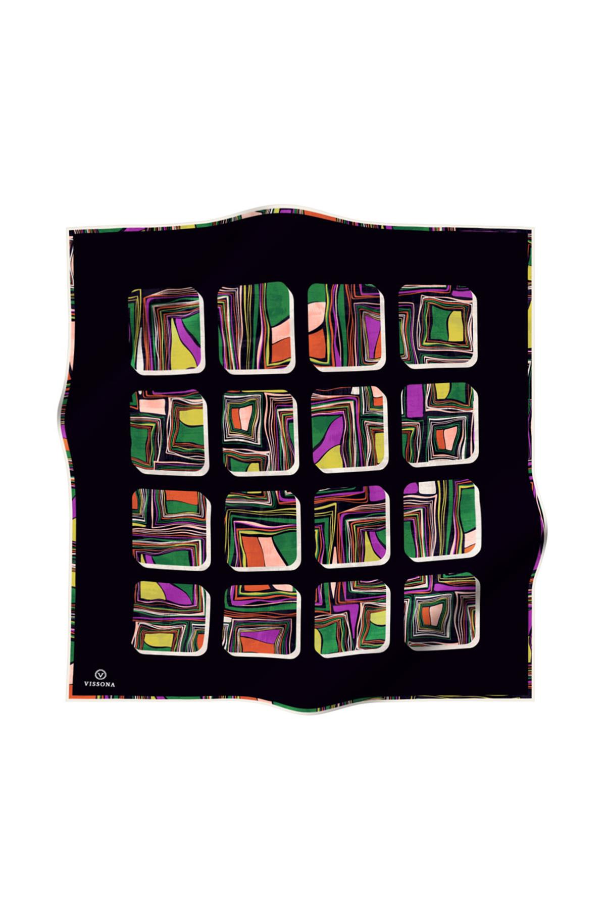 %100 Twill İpek Geometrik Kare Desenli Siyah - Zümrüt Yeşili Renkli 90x90 Eşarp Dikim Şekli : El Dikişi