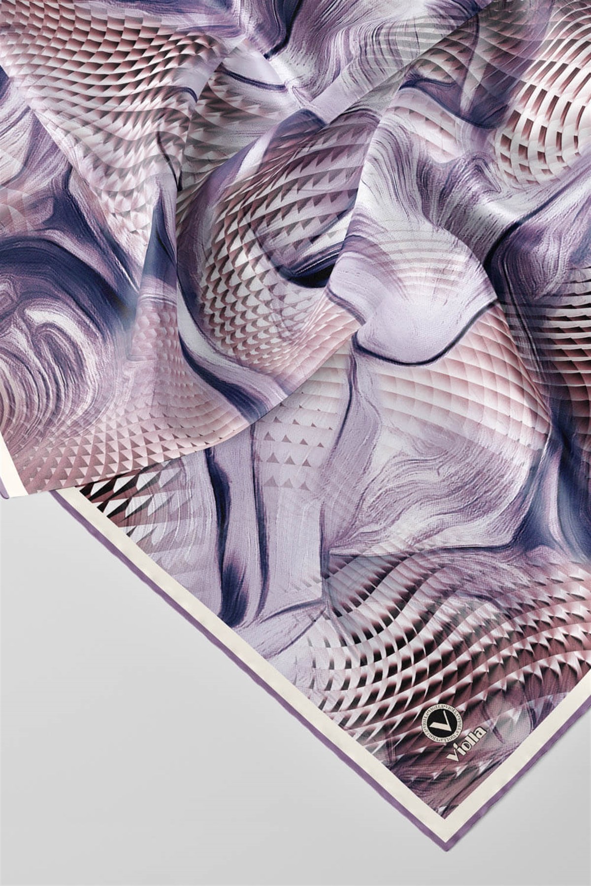 Twill Geometrik Ve Dalga Desenli Mor Renkli 90x90 Eşarp (İpek İçermez) Dikim Şekli : El Dikişi