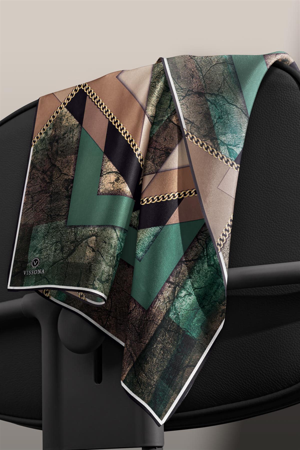 %100 Twill İpek Taş Efekti Desenli Petrol Yeşili - Siyah Renkli 90x90 Eşarp Dikim Şekli : El Dikişi