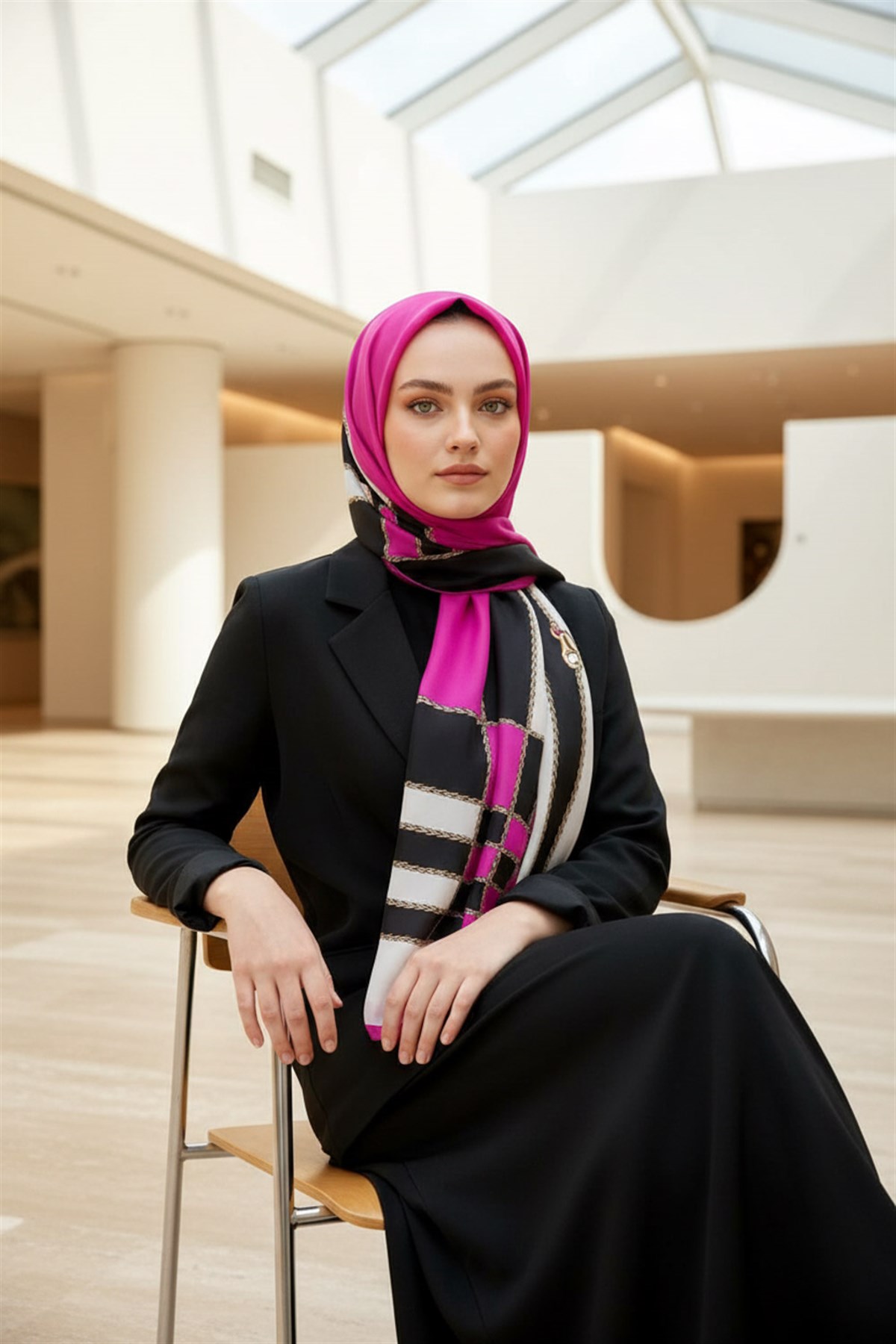 %100 Saf İpek Şal İnce Saten Vual Dokuma Geometrik Desenli Siyah - Fuşya Renkli 90x210 Şal