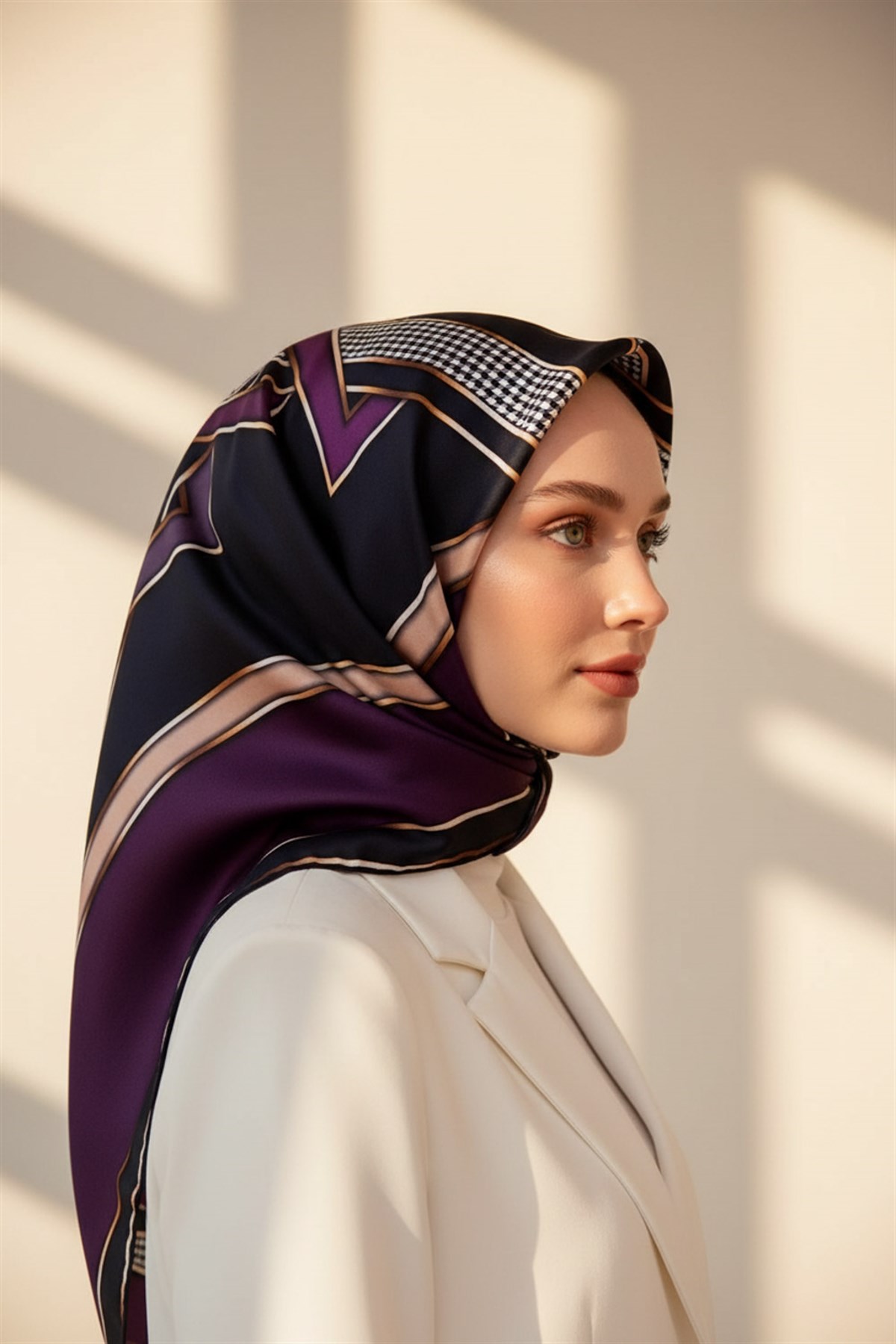 %100 Twill İpek Kareli Kazayaklı Desenli Mürdüm - Lacivert Renkli 90x90 Eşarp Kenar Dikiş Şekli El Dikişli