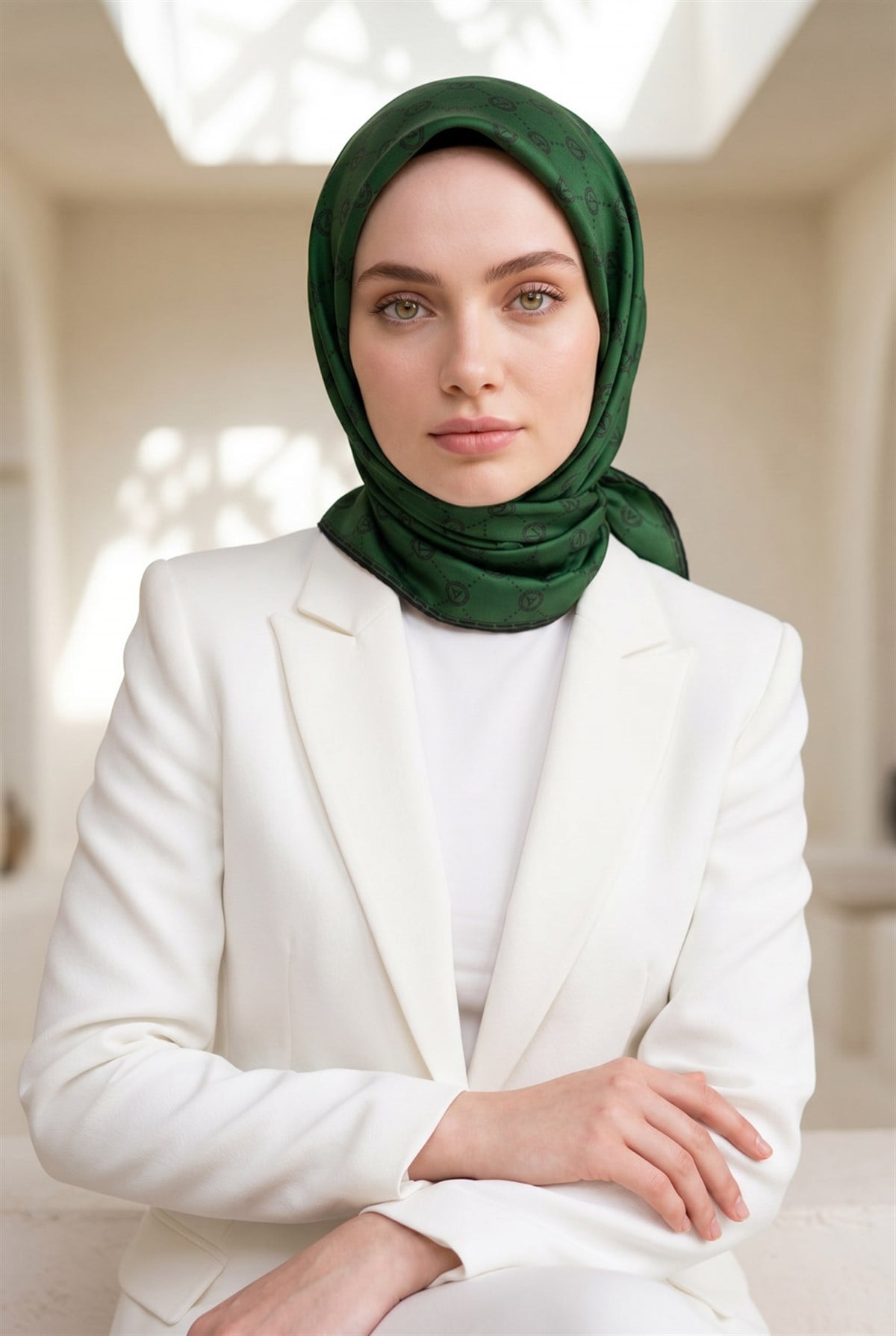 %100 Twill İpek Monogram Desenli Zümrüt Yeşili Renkli 90x90 Eşarp Dikim Şekli : El Dikişi