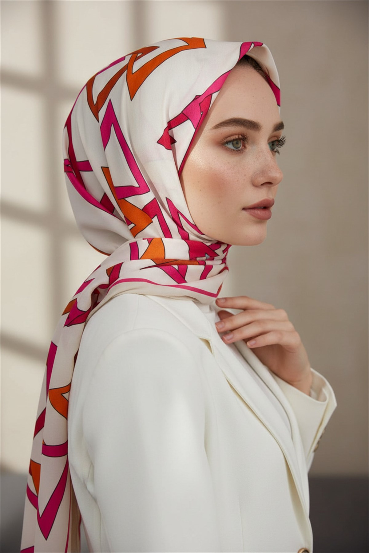 KREP GEOMETRİK DESENLİ FUŞYA RENKLİ 75X195 KIRIŞMAZ ŞAL