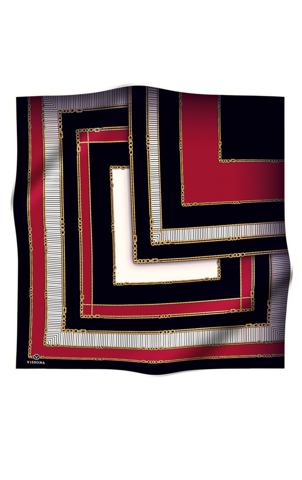 %100 Twill İpek Zincir Detaylı Geometrik Desenli Bordo - Siyah Renkli 90x90 Eşarp Dikim Şekli : El Dikişi