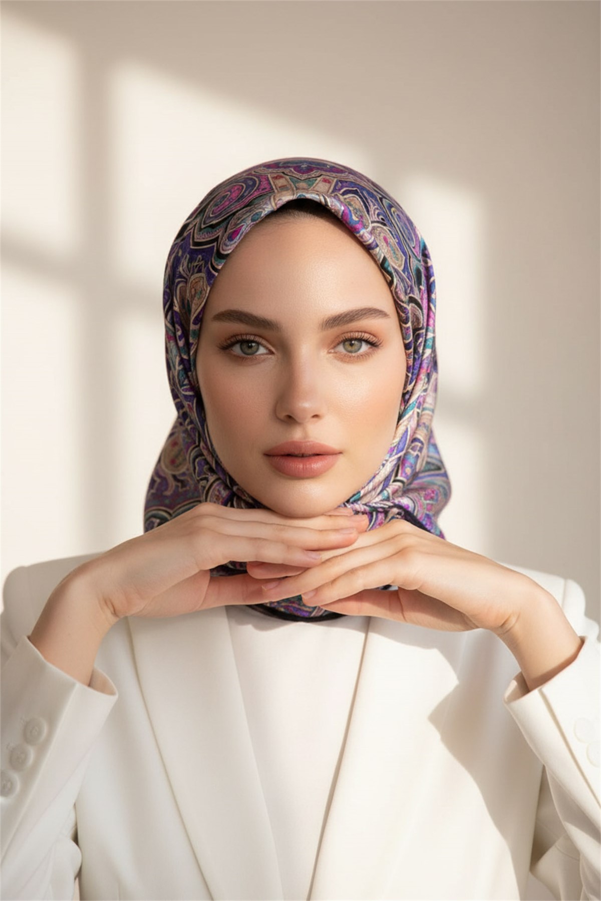100% Twill İpek Etnik Desenli Mor - Petrol Yeşili Renkli 90x90 Dikim Şekli : El Dikişi Eşarp