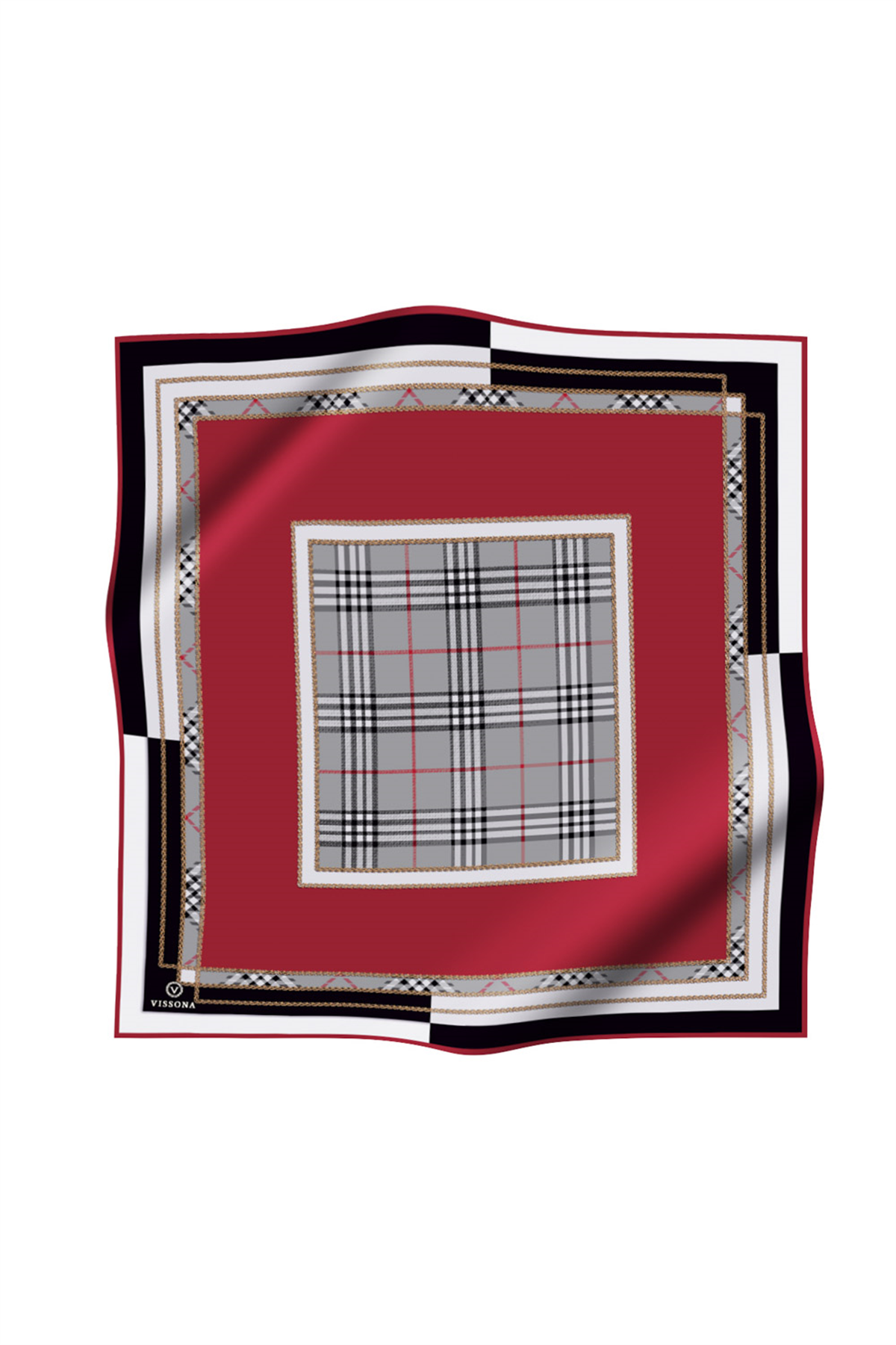 % 57 İPEK % 43 VİSKON Twill İpek Ekose Desenli Bordo Renkli 90x90 Eşarp Dikim Şekli : El Dikişi