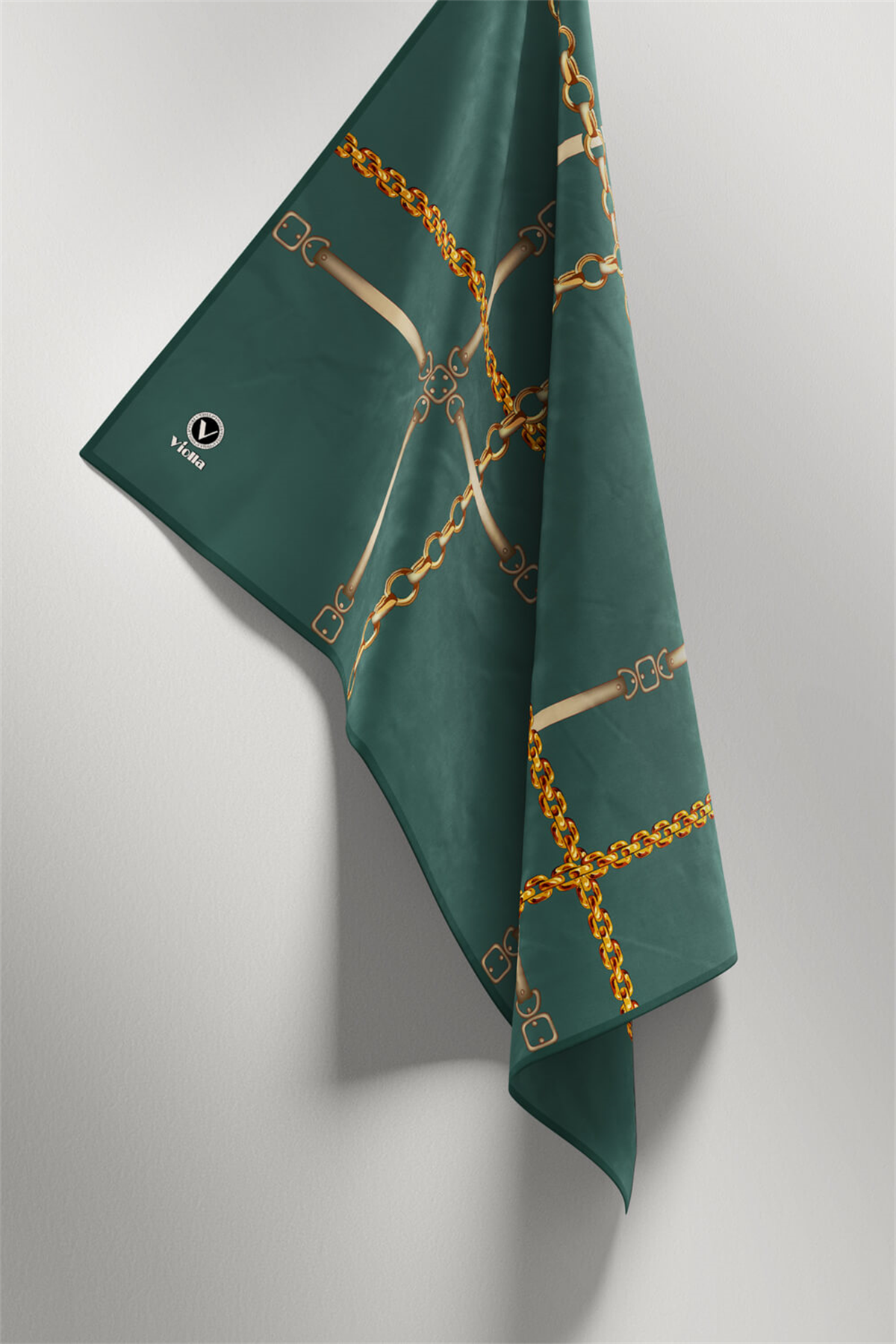 Twill Zincir ve Kemer Desenli Benetton Yeşili Renkli 90x90 Eşarp (İpek İçermez) Kenar Dikiş Şekli El Dikişli