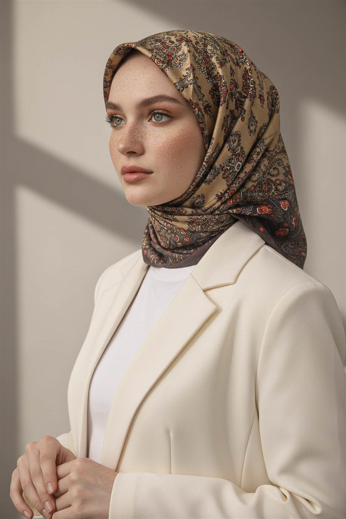 %100 Twill İpek Şal Desenli Kahverengi Renkli 90x90 Eşarp Dikim Şekli : El Dikişi