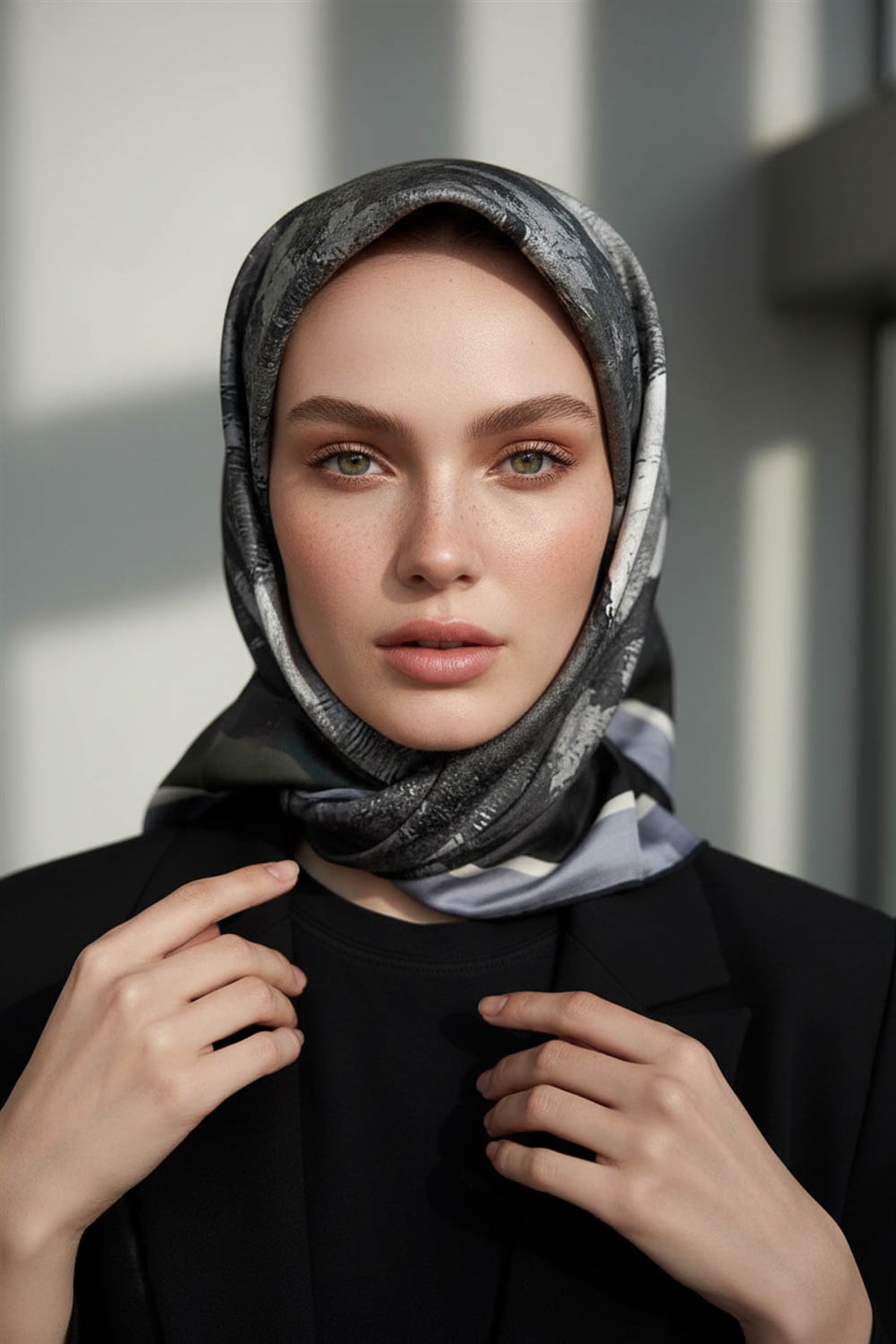 %100 Twill İpek Yağlı Boya Çiçek Desenli Gri Renkli 90x90 Eşarp Dikim Şekli : El Dikişi