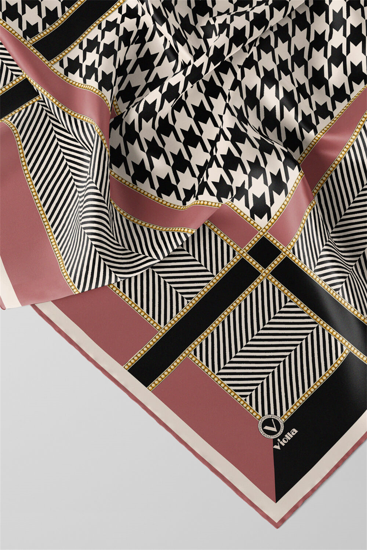 Twill Kazayağı Desenli Pudra Renkli 90x90 Eşarp (İpek İçermez) Kenar Dikiş Şekli El Dikişli