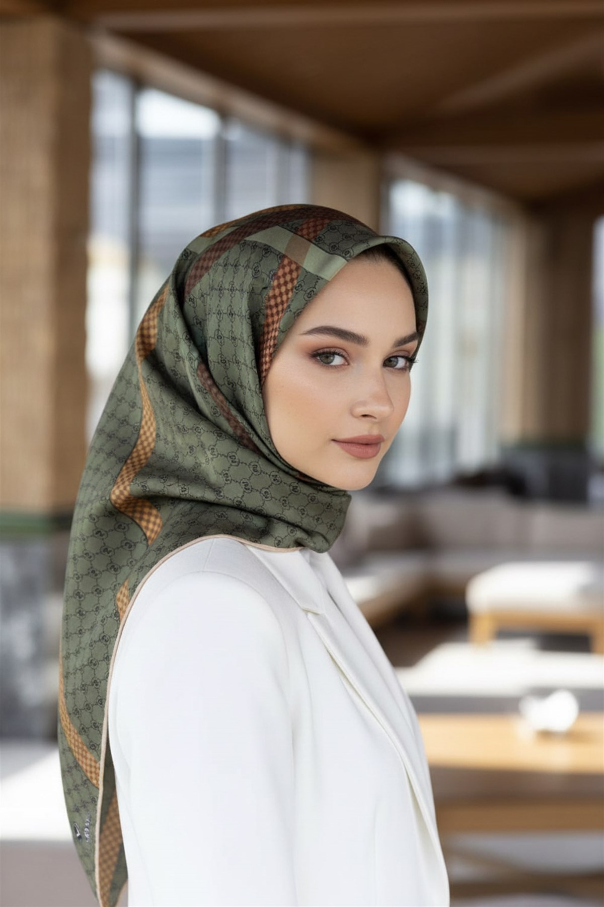 %57 İPEK %43 VİSKON Twill İpek Monogram Ve Şerit Desenli Haki - Taba  Renkli 90x90 Eşarp Dikim Şekli : El Dikişi