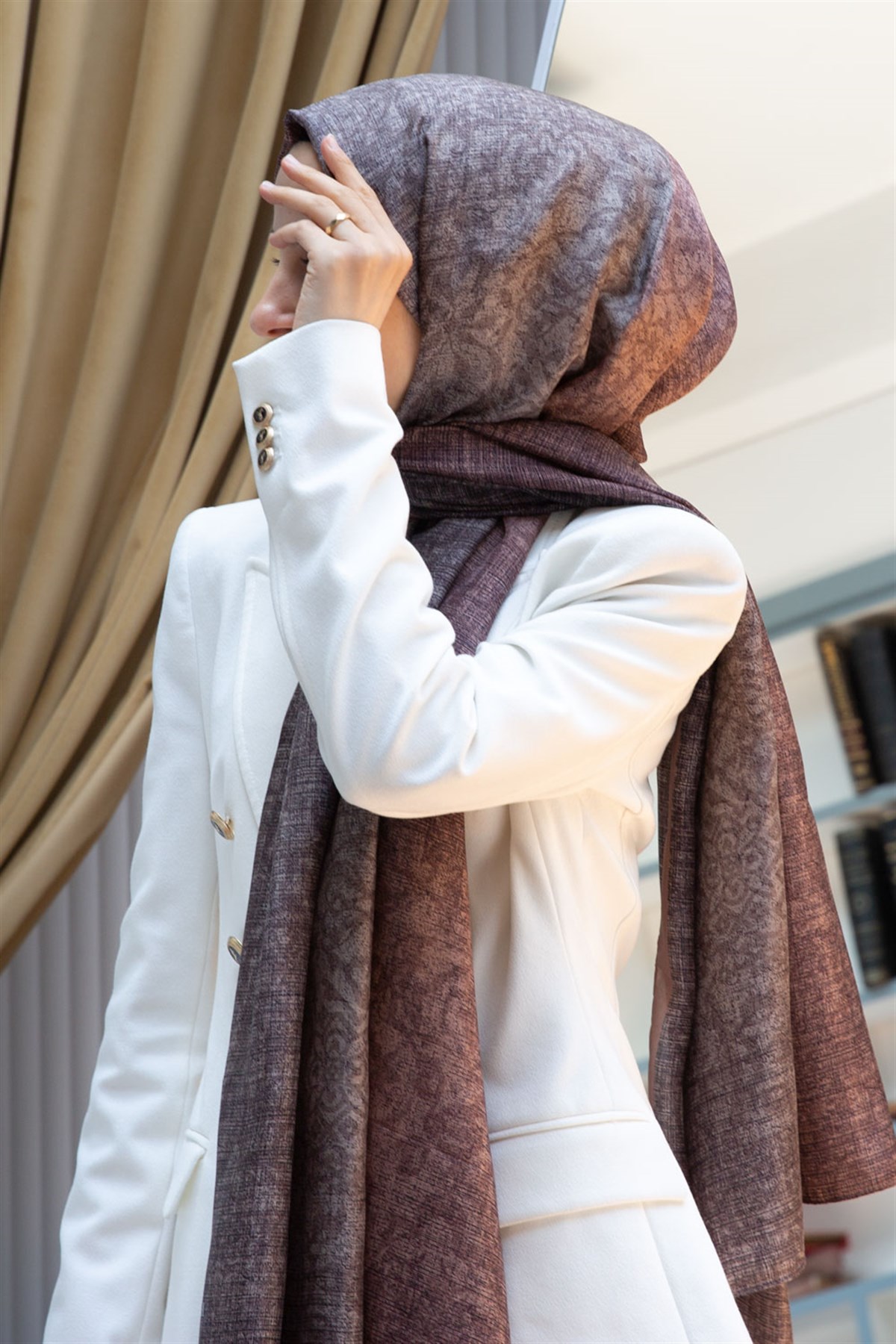 %100 Saf İpek Şal İnce Saten Vual Dokuma Damask Desenli Bakır Renkli 90x210 Şal