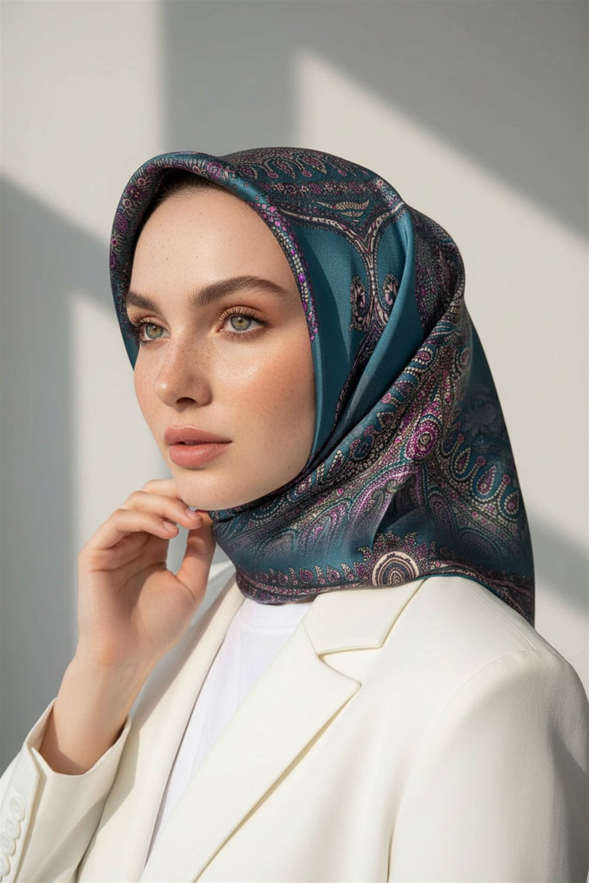 %100 Twill İpek Şal Desenli Petrol Yeşili Renkli 90x90 Eşarp Dikim Şekli : El Dikişi