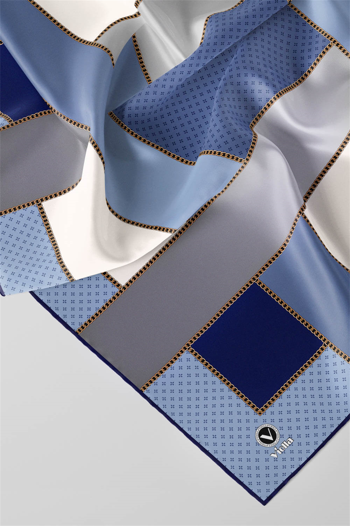Twill Geometrik Desenli İndigo - Gri Renkli 90x90 Eşarp (İpek İçermez) Kenar Dikiş Şekli El Dikişli