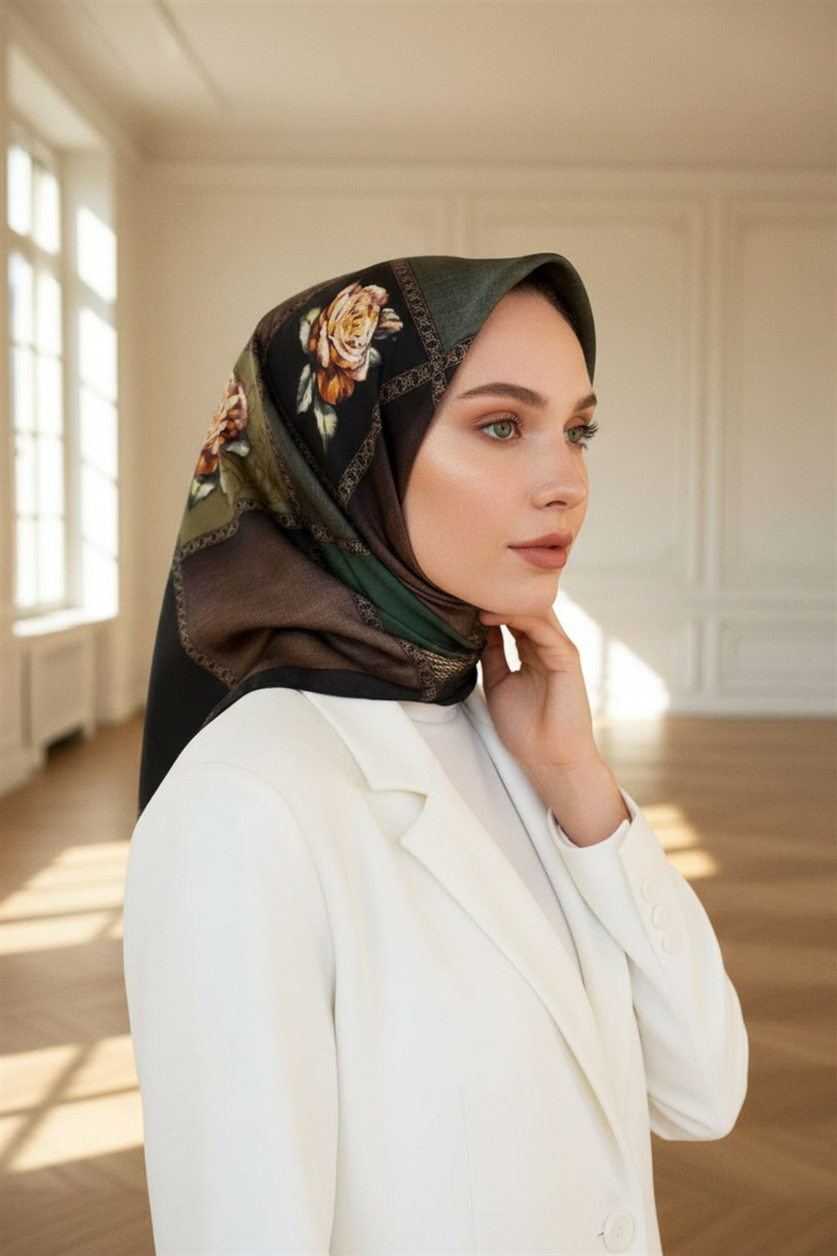 %100 Twill İpek Dokulu Çiçekli Ve Geometrik Desenli Zümrüt Yeşili - Haki Renkli 90x90 Eşarp Dikim Şekli : El Dikişi