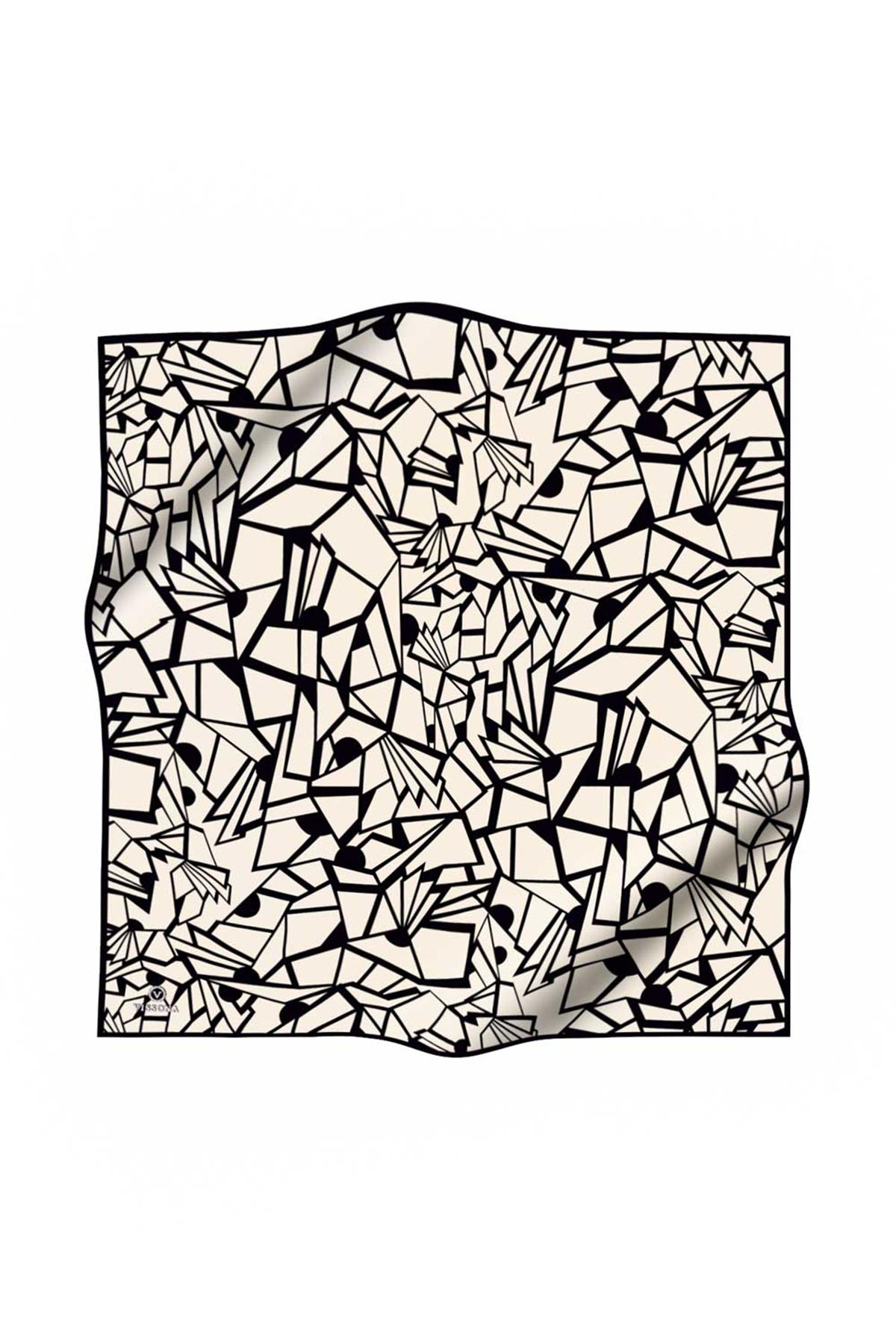 %100 Twill Renkli Petek Desenli Siyah - Beyaz Renkli 90x90 Eşarp Dikim Şekli: El Dikişii