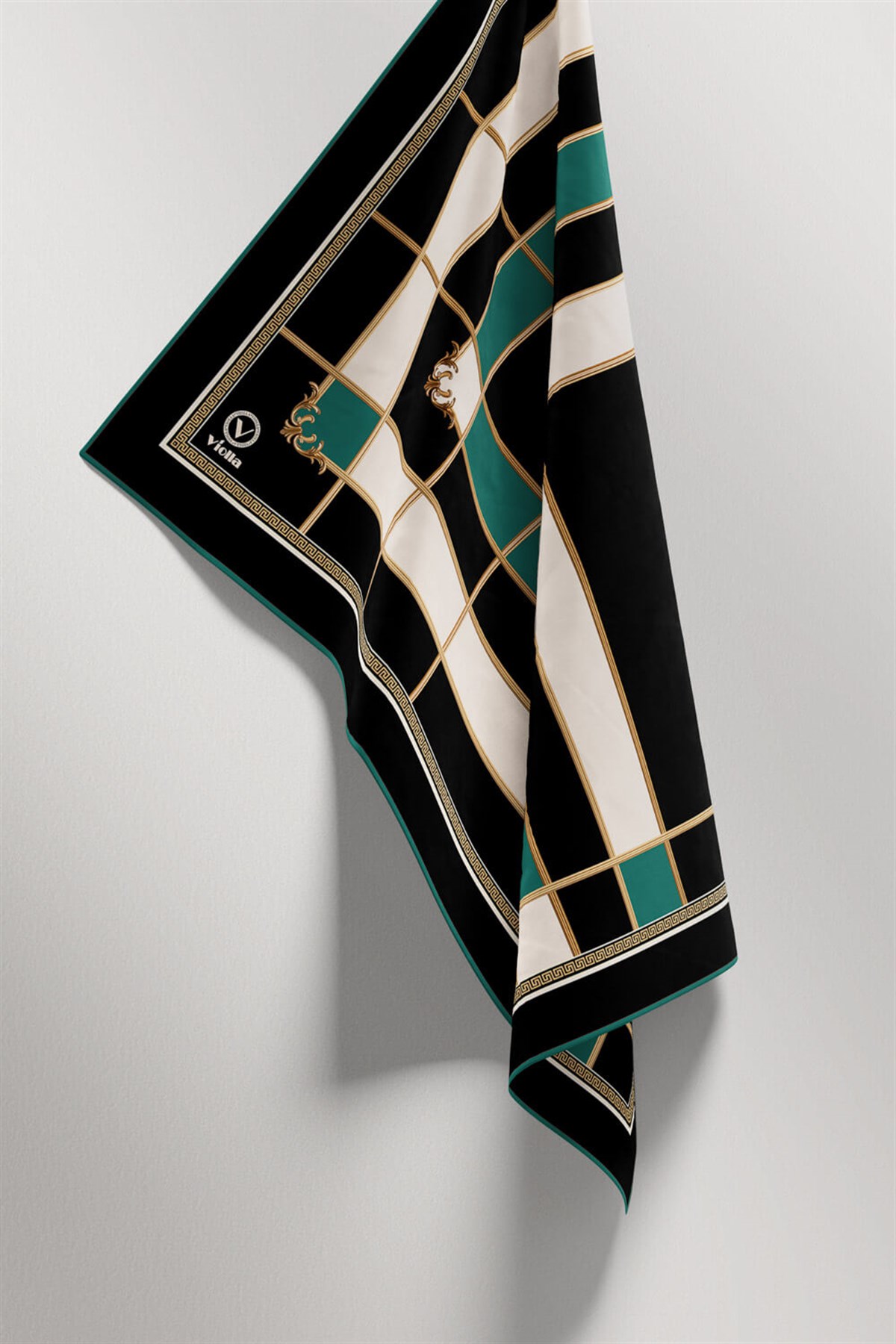 Twill Gold Detaylı Kareli Desenli Petrol Yeşili Renkli 90x90 Eşarp (İpek İçermez) Kenar Dikiş Şekli El Dikişli