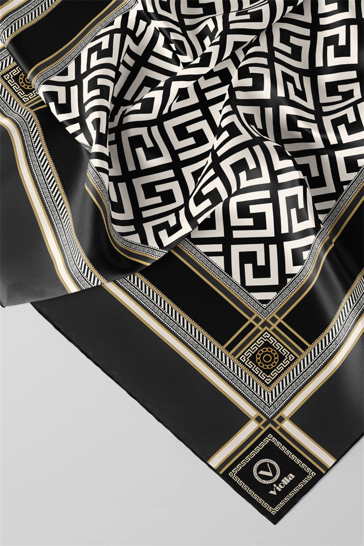 Twill Antik Desenli Füme Renkli 90x90 Eşarp (İpek İçermez) Kenar Dikiş Şekli El Dikişli