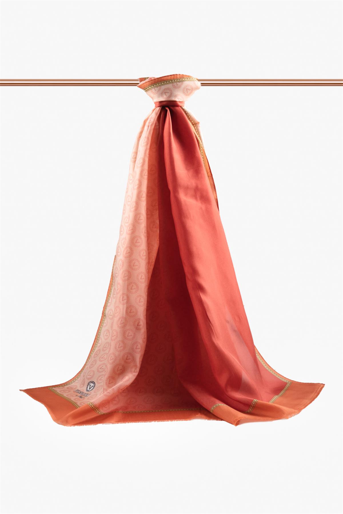 %100 İpek Degradeli Ve Monogram Desenli Taba - Gold Renkli 92x210 Şal