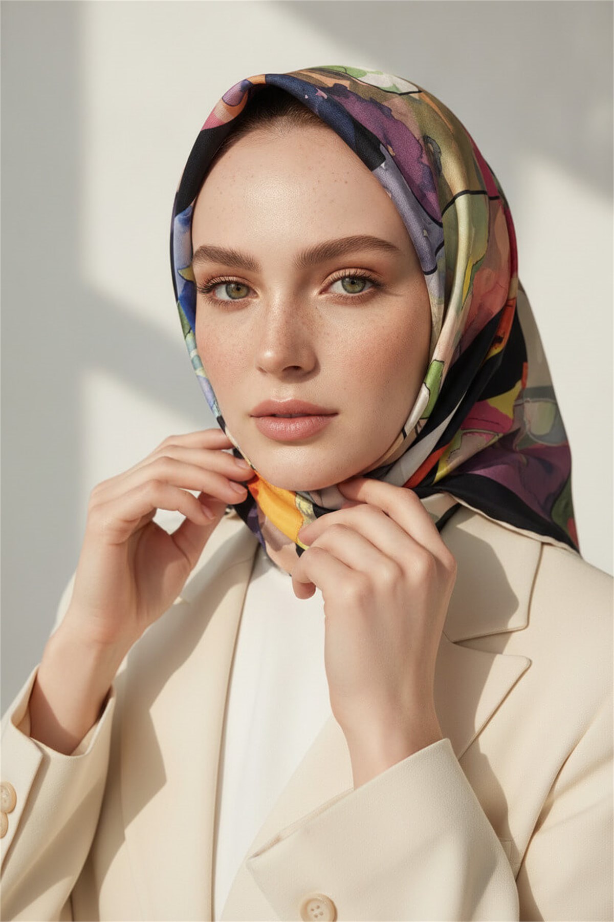%100 Twill İpek Bahar Çiçekleri Desenli Siyah - Kırmızı Renkli 90x90 Eşarp Kenar Dikiş Şekli El Dikişli