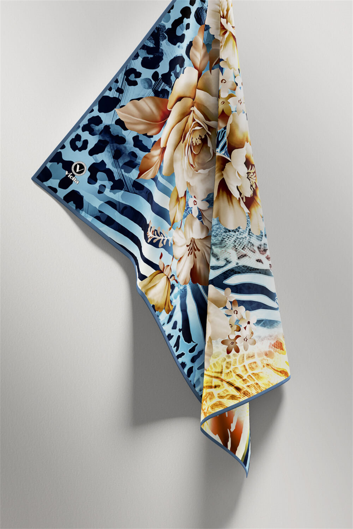 Twill Renkli Şerit Desenli İndigo - Sarı Renkli 90x90 Eşarp (İpek İçermez) Kenar Dikiş Şekli El Dikişli