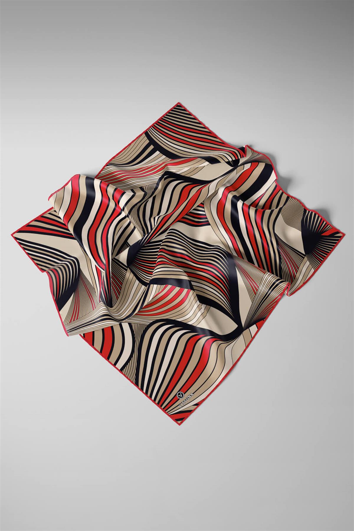 %100 Twill İpek Okyanus Dalgası Desenli Bej - Kırmızı Renkli 90x90 Eşarp Kenar Dikiş Şekli El Dikişli