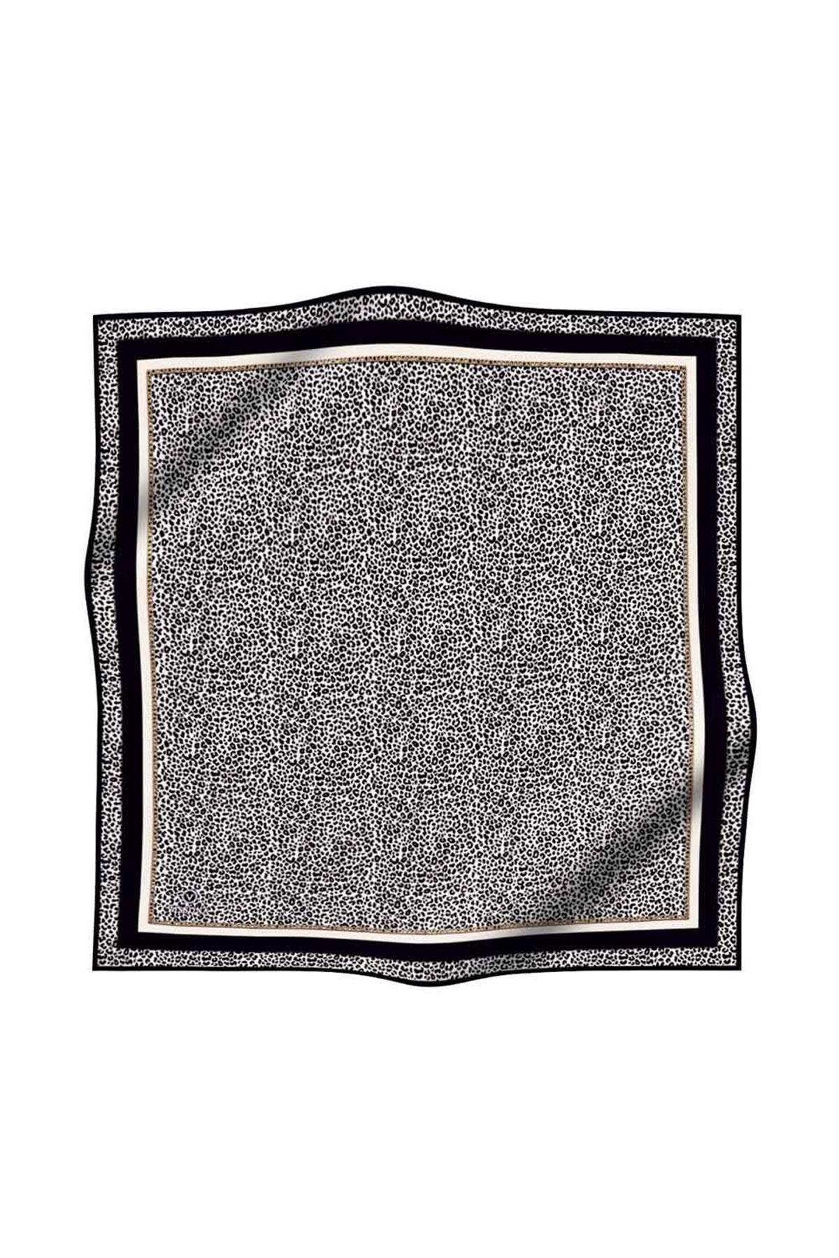 %100 Twill İpek Leopar Desenli Krem - Siyah Renkli 90x90 Eşarp Dikim Şekli : El Dikişi