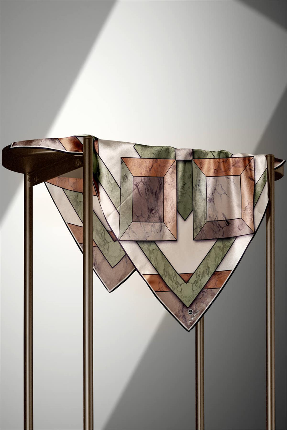 %100 Twill İpek Mermer Desenli Bakır - Haki Renkli 90x90 Eşarp Dikim Şekli : El Dikişi