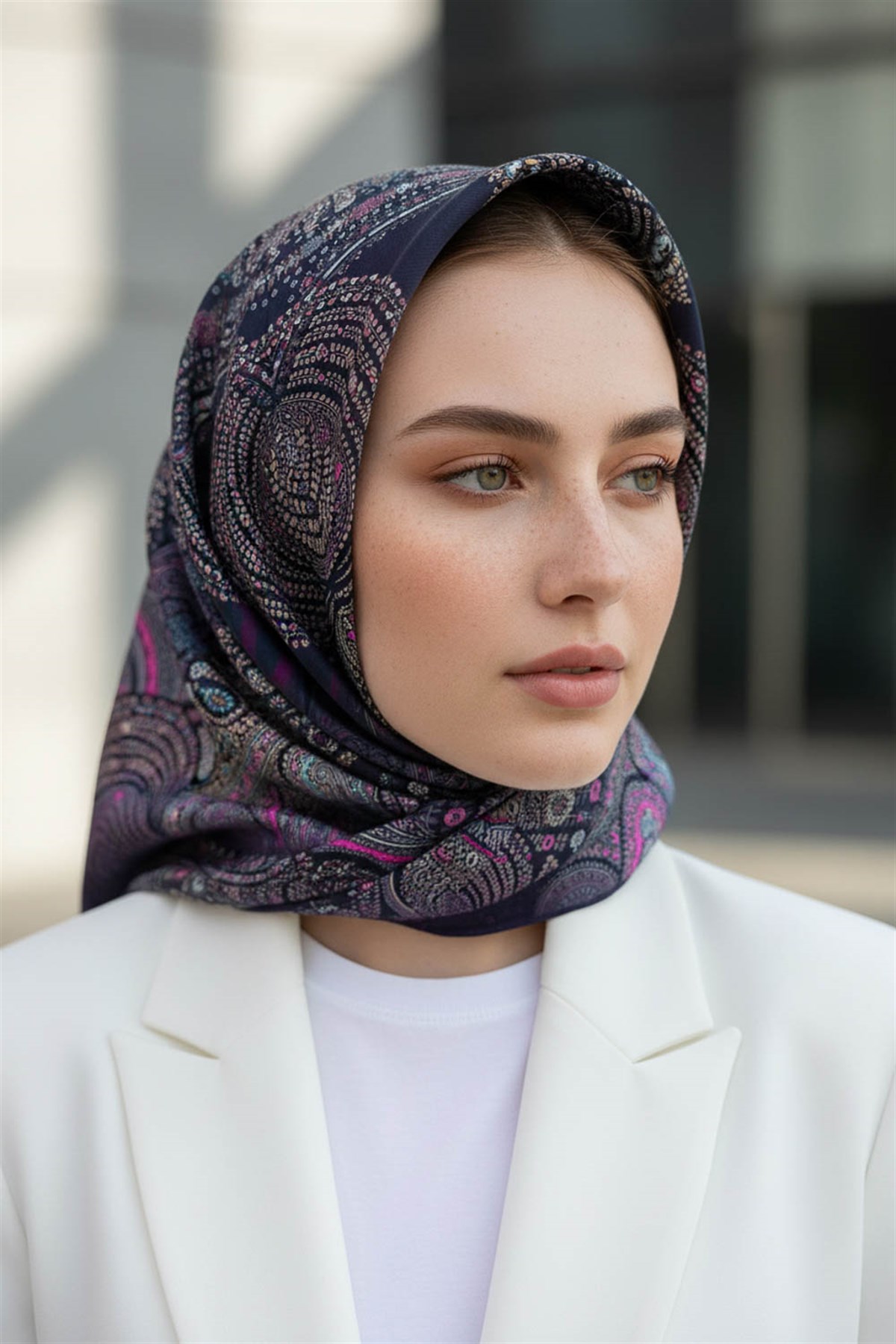 %100 Twill İpek Şal Desenli Lacivert Renkli 90x90 Eşarp Dikim Şekli : El Dikişi