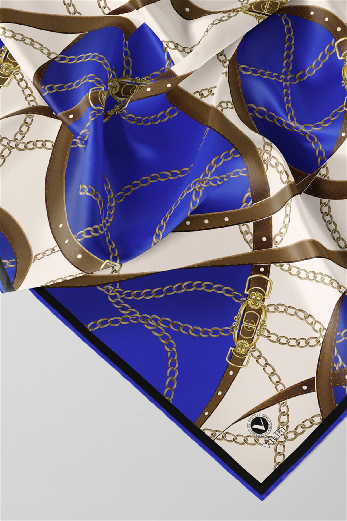 Twill Kemer ve Zincir Desenli Saks Renkli 90x90 Eşarp (İpek İçermez) Kenar Dikiş Şekli El Dikişli