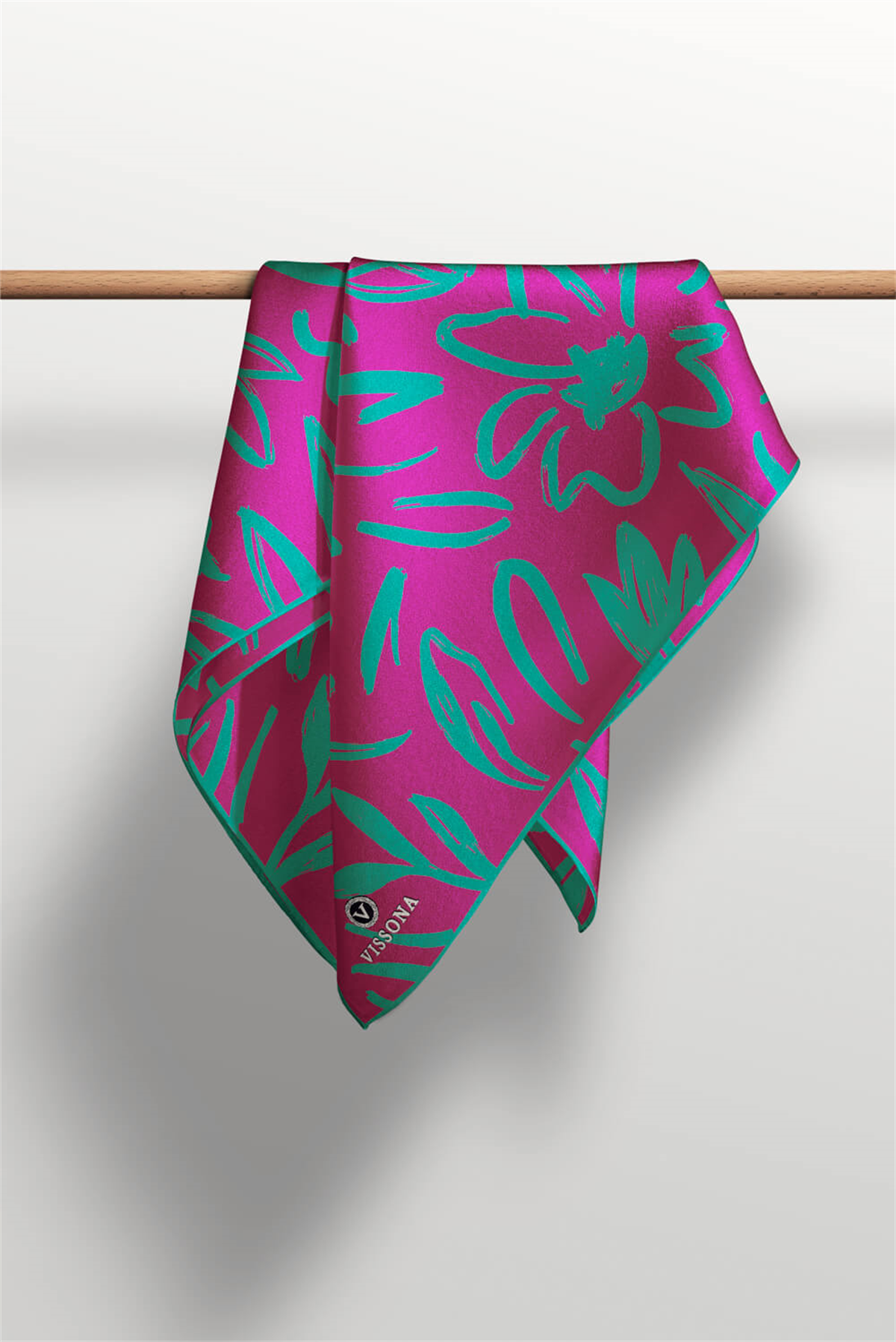 % 57 İPEK % 43 VİSKON Twill İpek Büyük Çiçek Desenli Fuşya - Koyu Mint Yeşili Renkli 90x90 Eşarp Dikim Şekli : El Dikişi