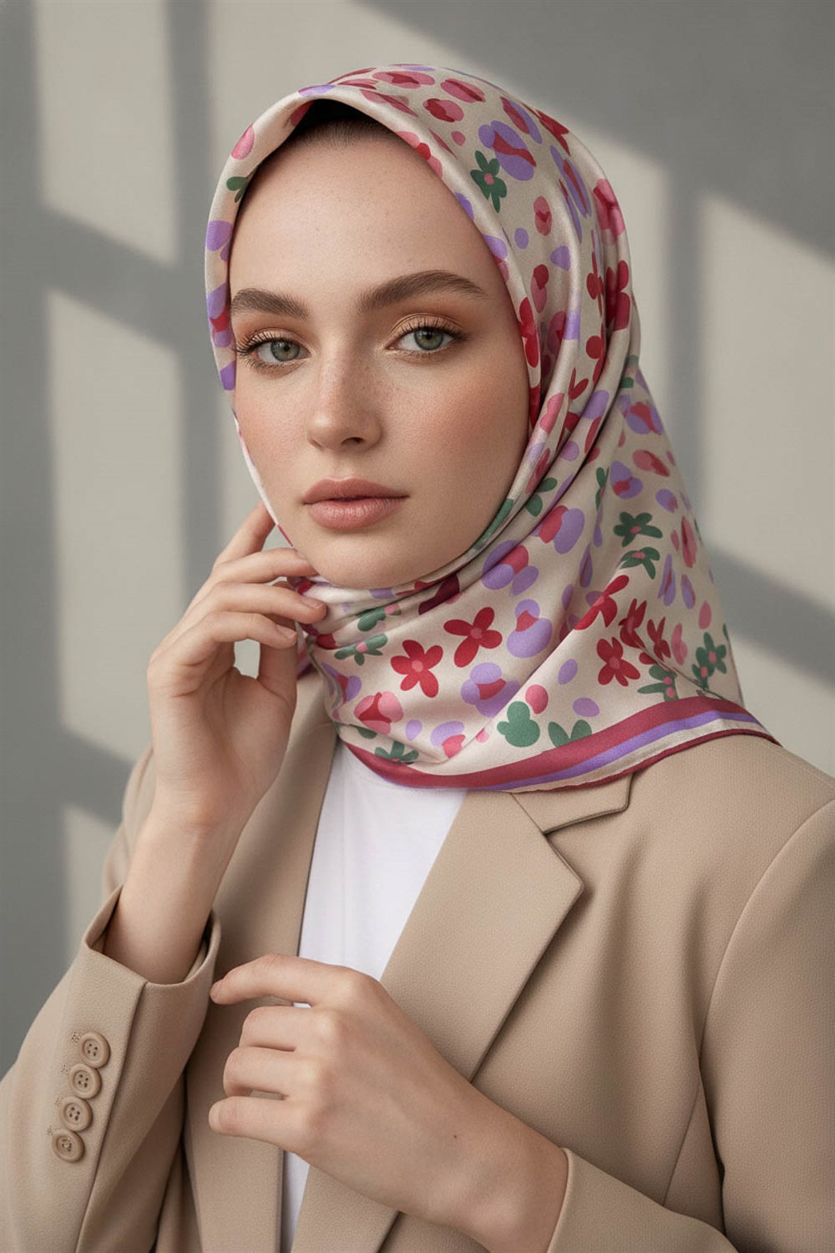 %100 Twill İpek Kalpli Leopar Desenli Gül Kurusu - Lila Renkli 90x90 Eşarp Dikim Şekli : El Dikişi