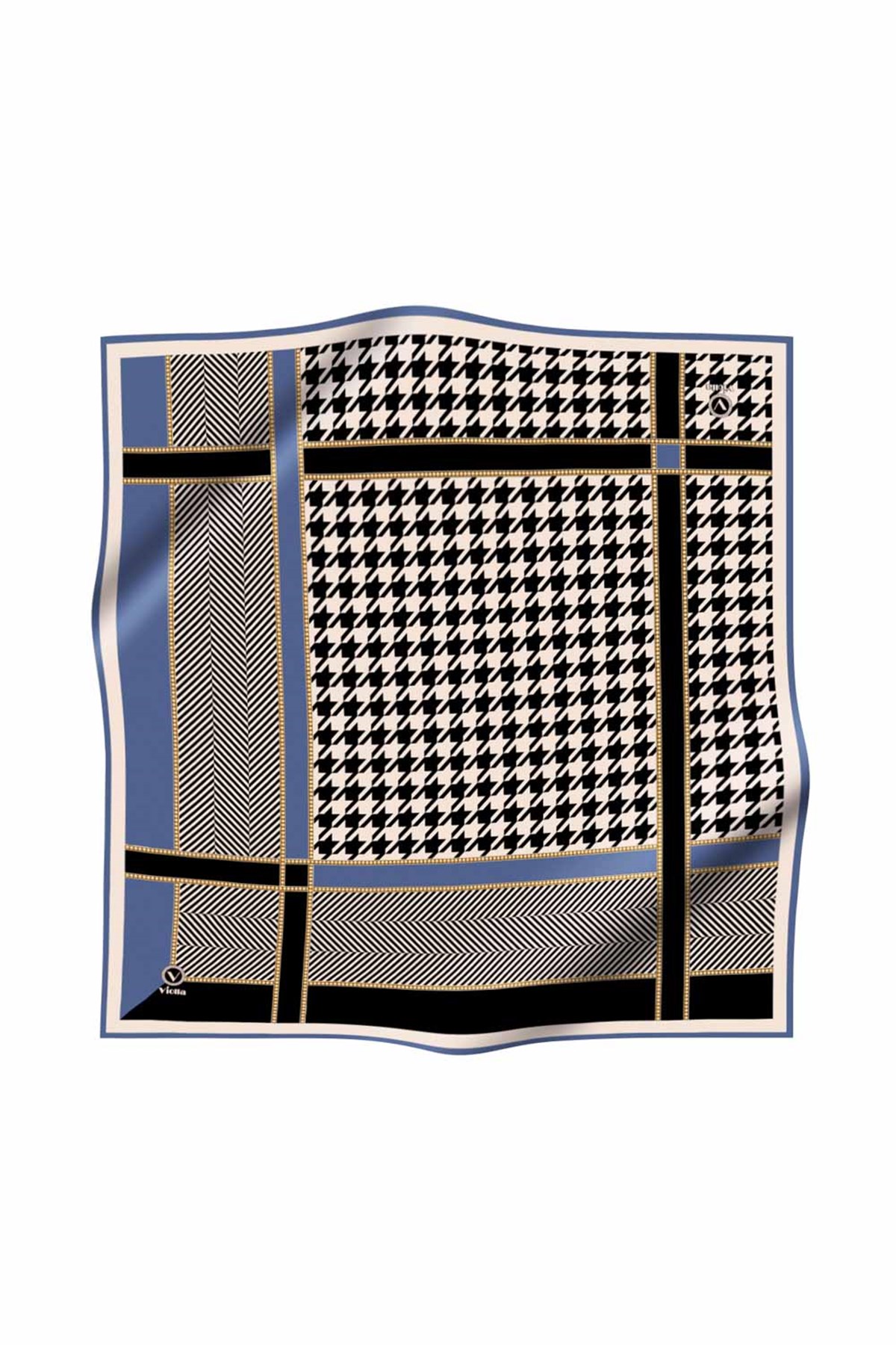 Twill Kazayağı Desenli İndigo Renkli 90x90 Eşarp (İpek İçermez) Kenar Dikiş Şekli El Dikişli