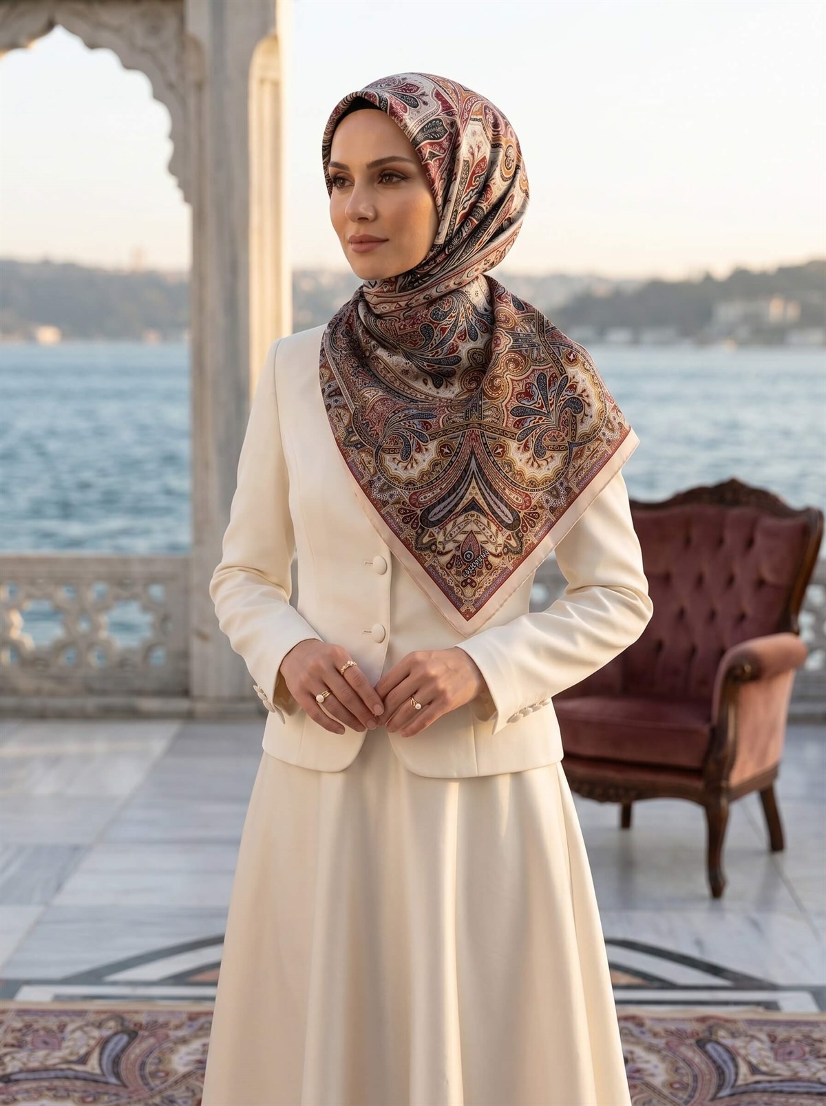 100% İpek Etro Desenli Taş - Bordo Renkli 92x210 Şal
