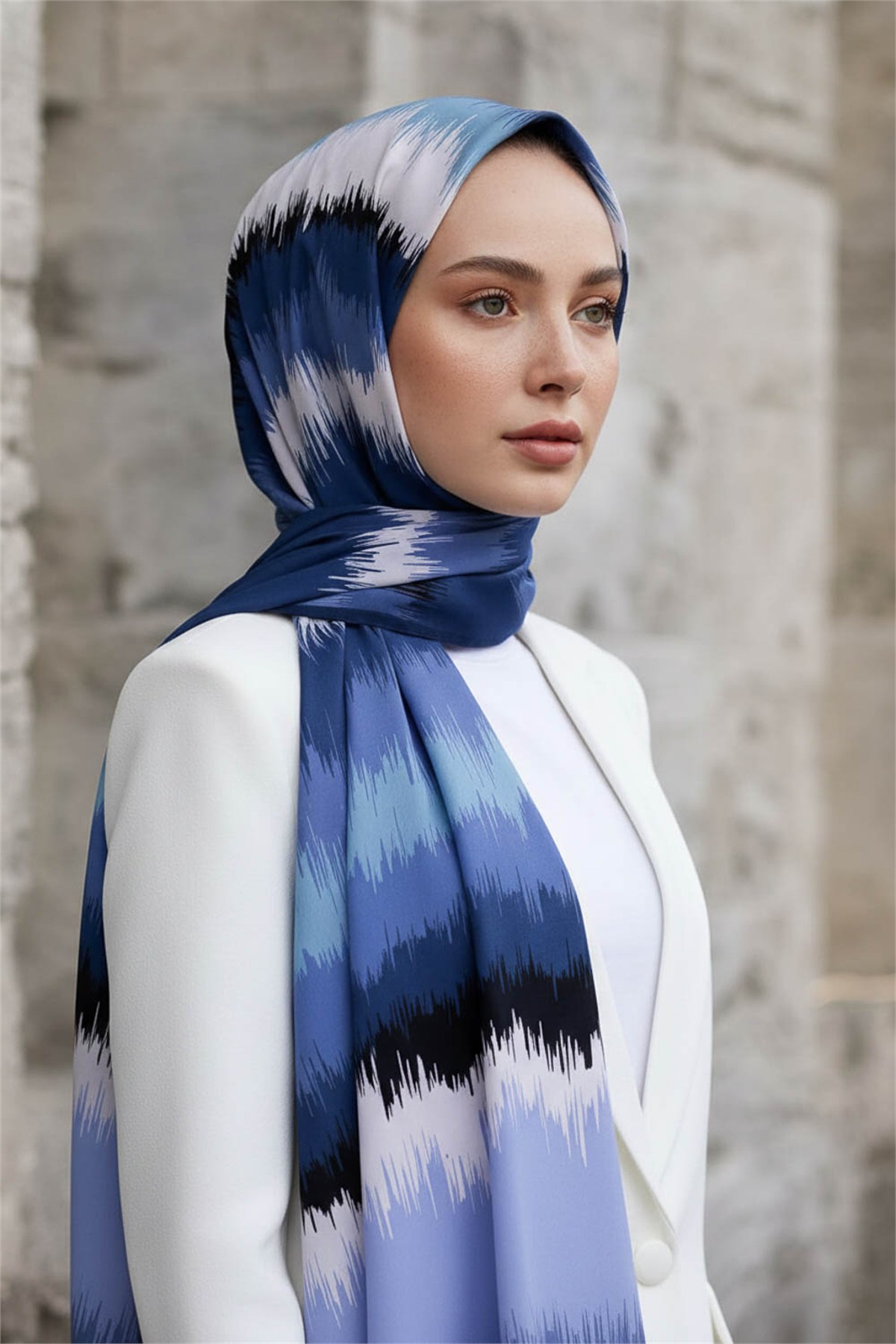 KREP FREKANS DESENLİ İNDİGO RENKLİ 75X195 KIRIŞMAZ ŞAL
