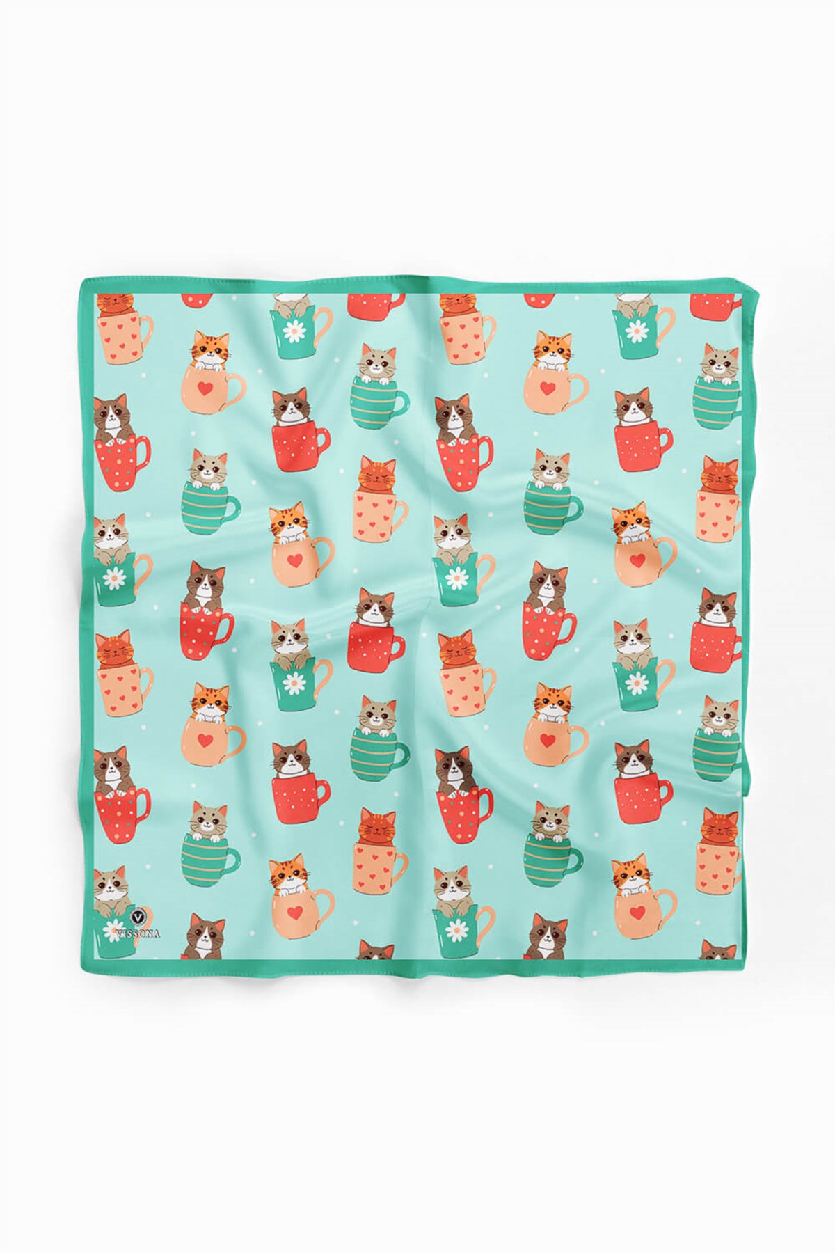 %100 İpek Fincanda Kedi Desenli Bandana