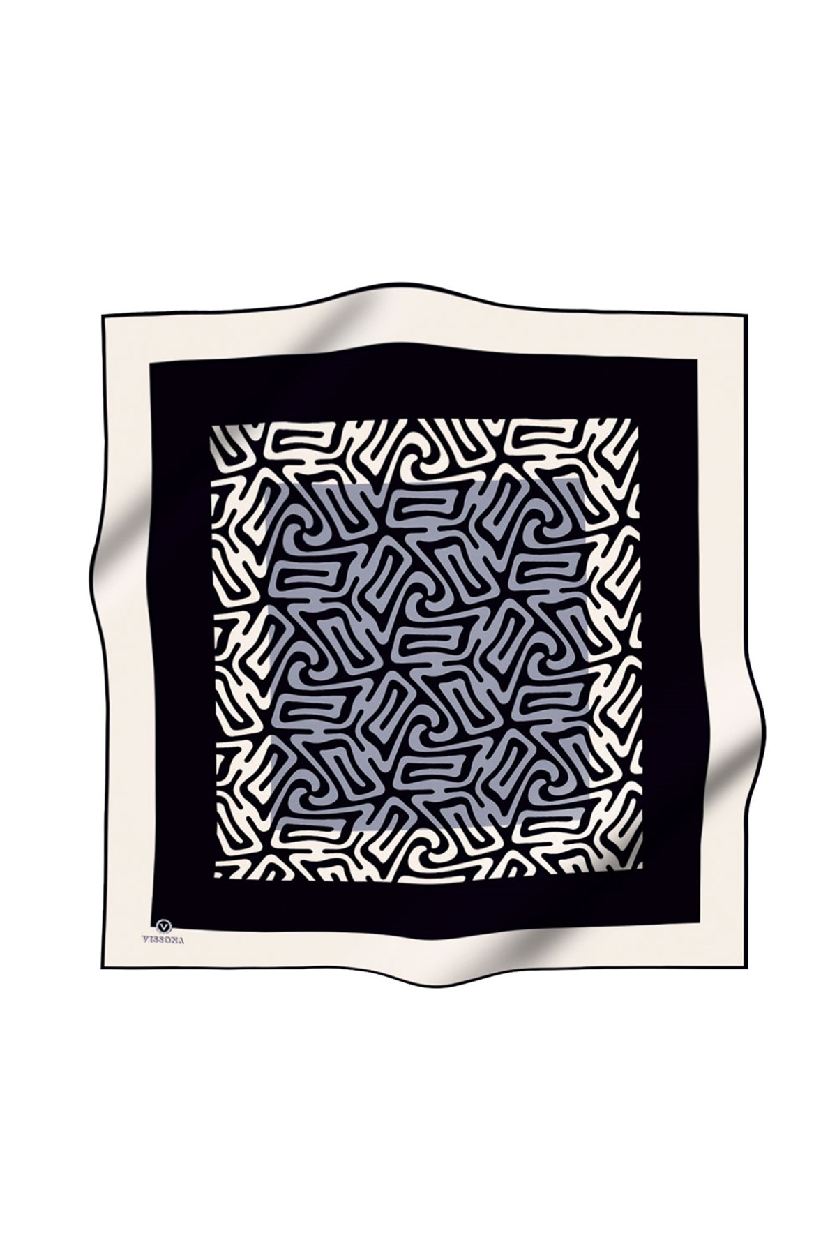 100% Twill İpek Bordürlü Dalga Desenli Siyah - Gri Renkli 90x90 Dikim Şekli : El Dikişi Eşarp