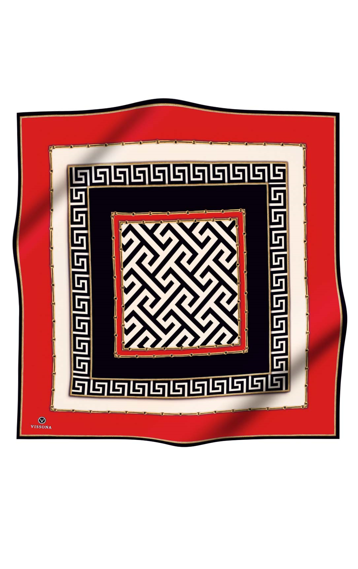 %100 Twill İpek Labirent Ve Geometrik Desenli Kırmızı - Siyah Renkli 90x90 Eşarp Dikim Şekli : El Dikişi