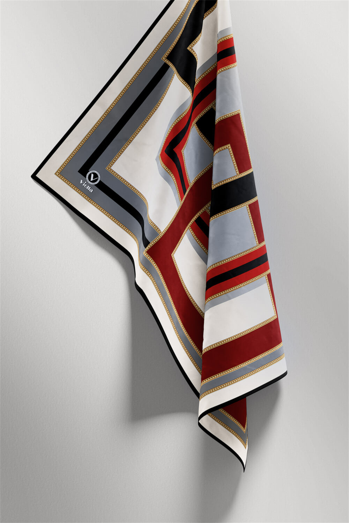 Twill Çerçeve Desenli Gri - Bordo Renkli 90x90 Eşarp (İpek İçermez) Kenar Dikiş Şekli El Dikişli