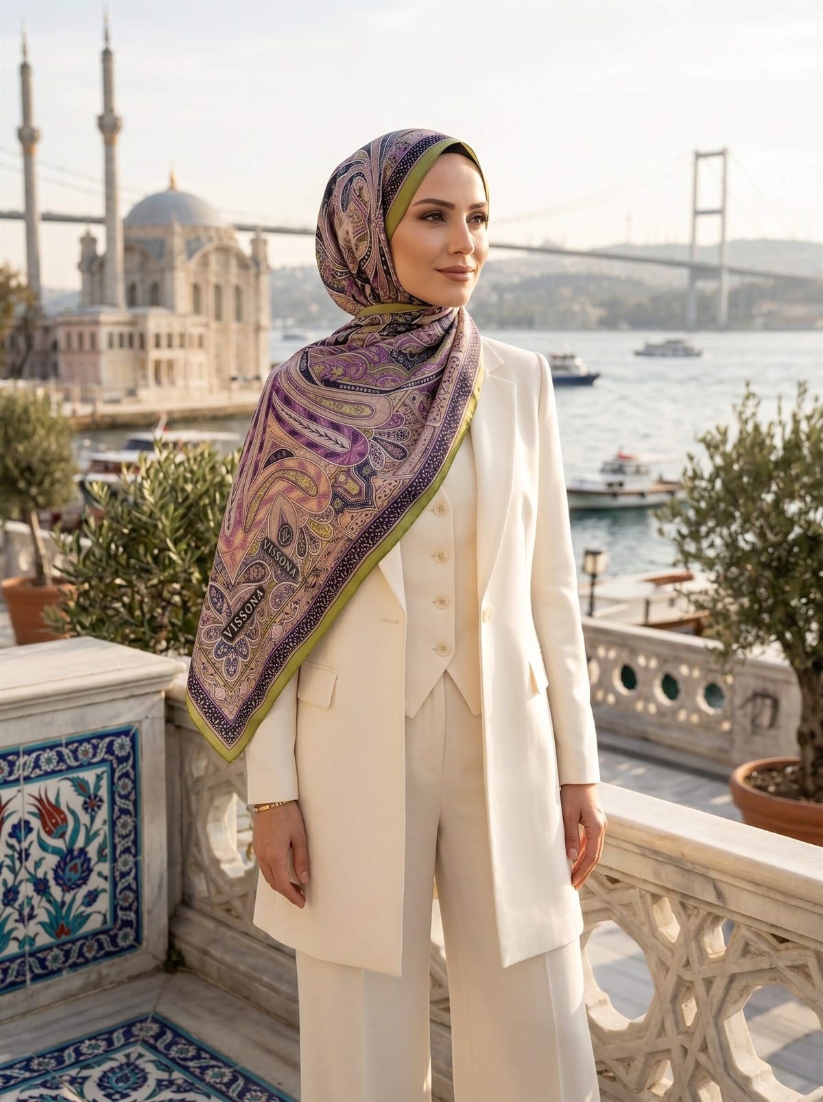 %100 Saf İpek Şal İnce Saten Vual Dokuma Etro Desenli Fıstık Yeşili - Mor Renkli 90x210 Şal