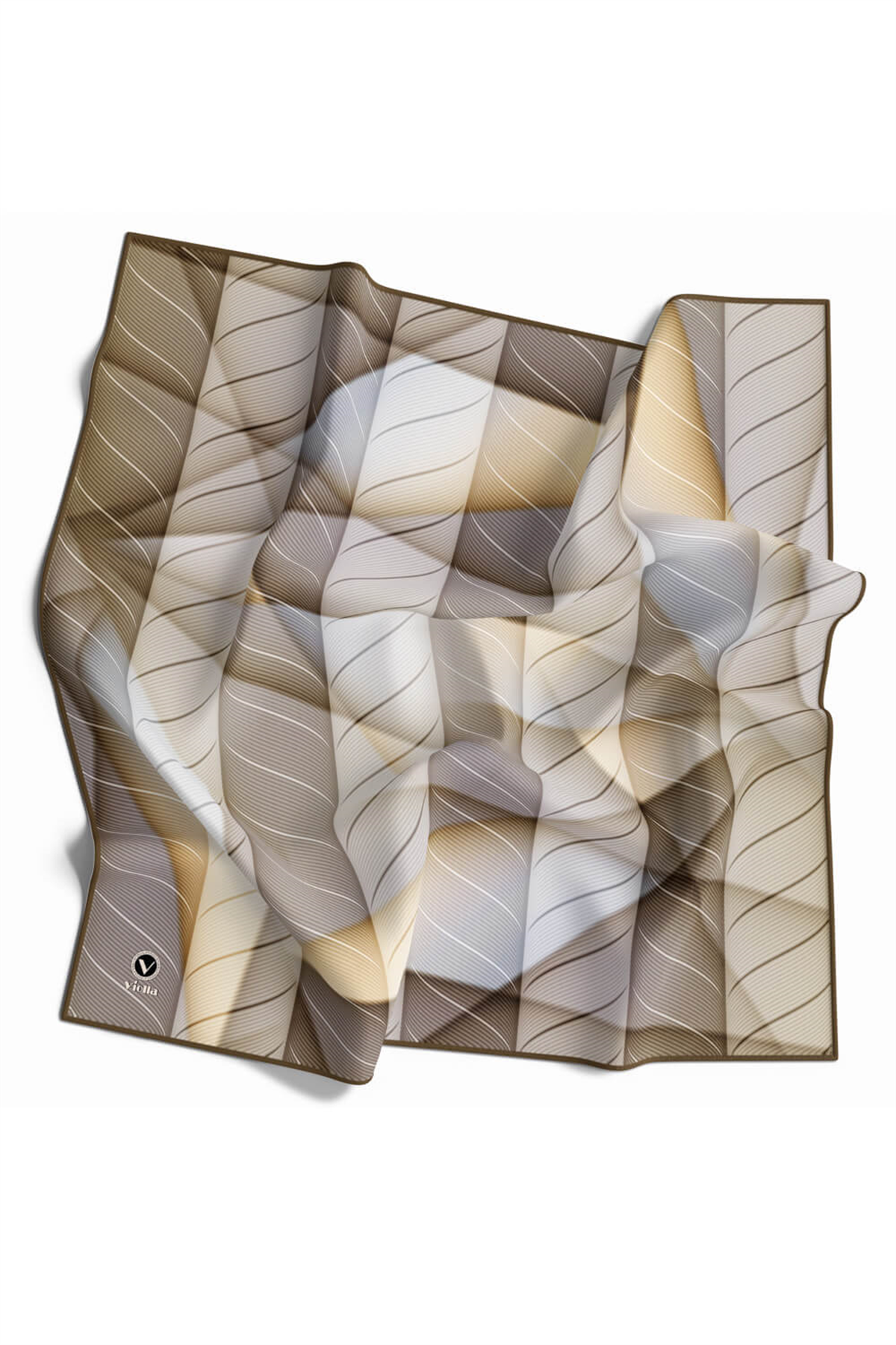 Twill Şeritli Geometrik Desenli Bej - Gri Renkli 90x90 Eşarp (İpek İçermez) Kenar Dikiş Şekli El Dikişli