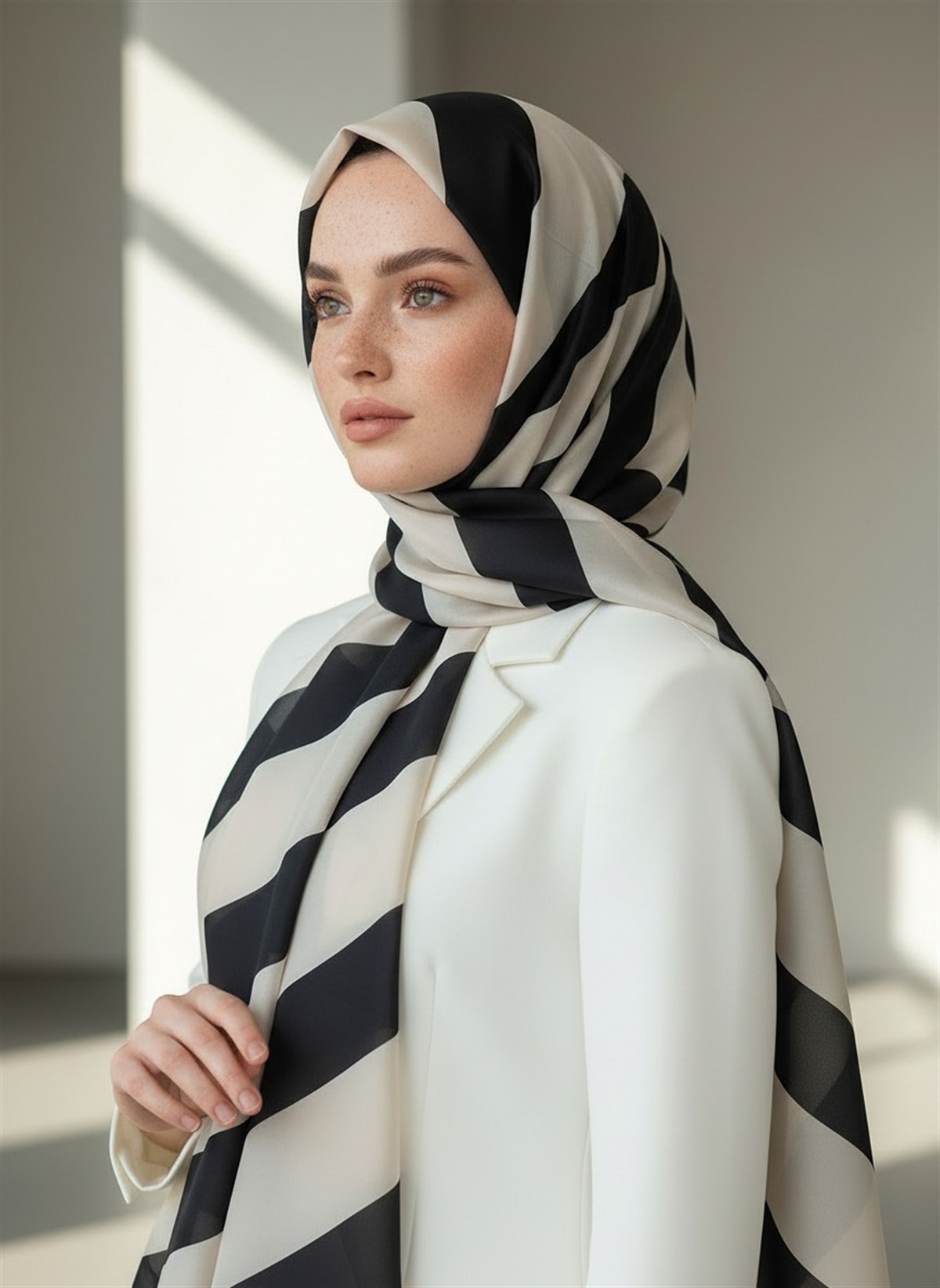 %100 Saf İpek Şal İnce Saten Vual Dokuma Çizgili Desenli Siyah - Krem Renkli 90x210 Şal