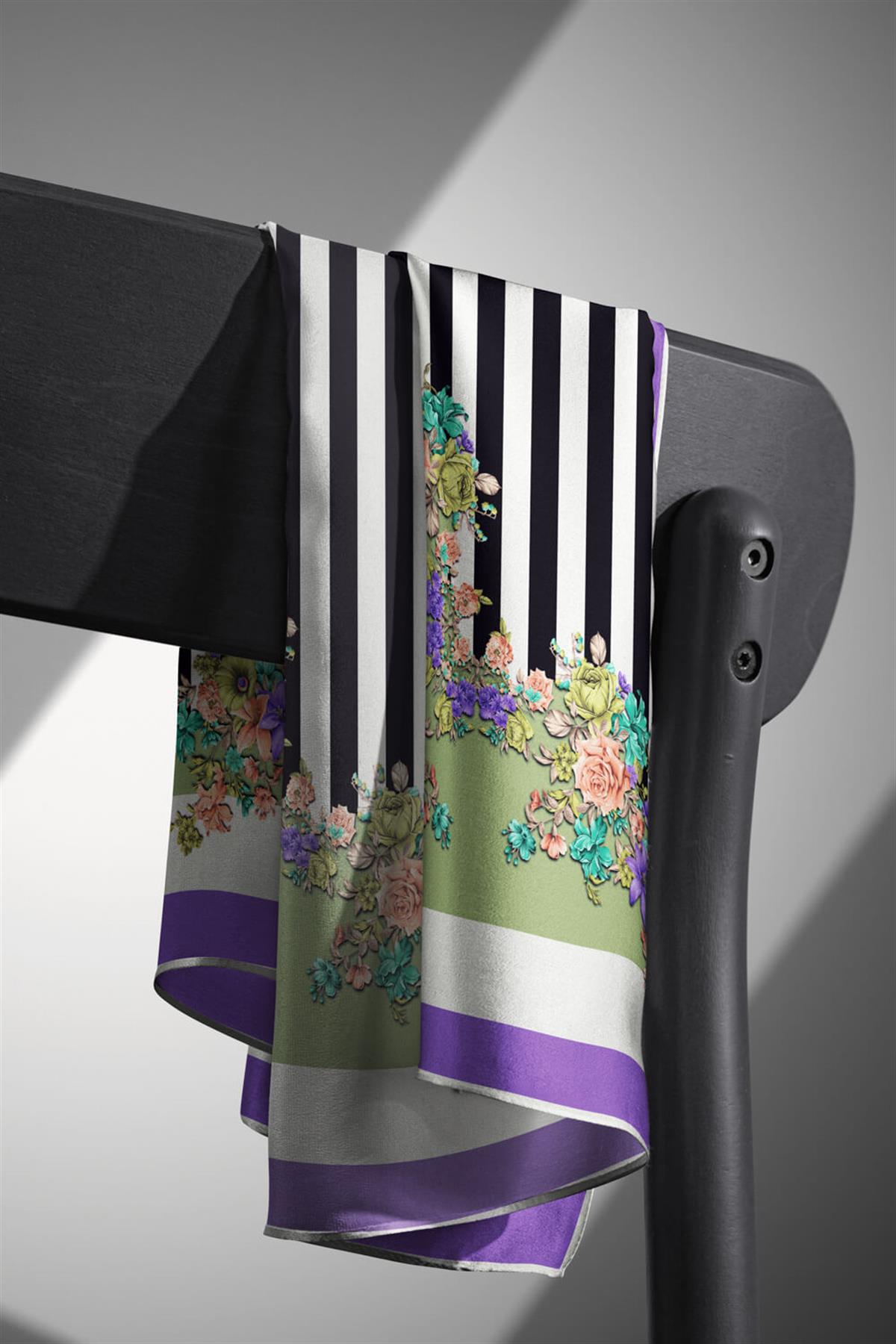 %100 Twill İpek Çıtır Çiçekli Ve Çizgi Desenli Mor - Haki Renkli 90x90 Eşarp Dikim Şekli : El Dikişi