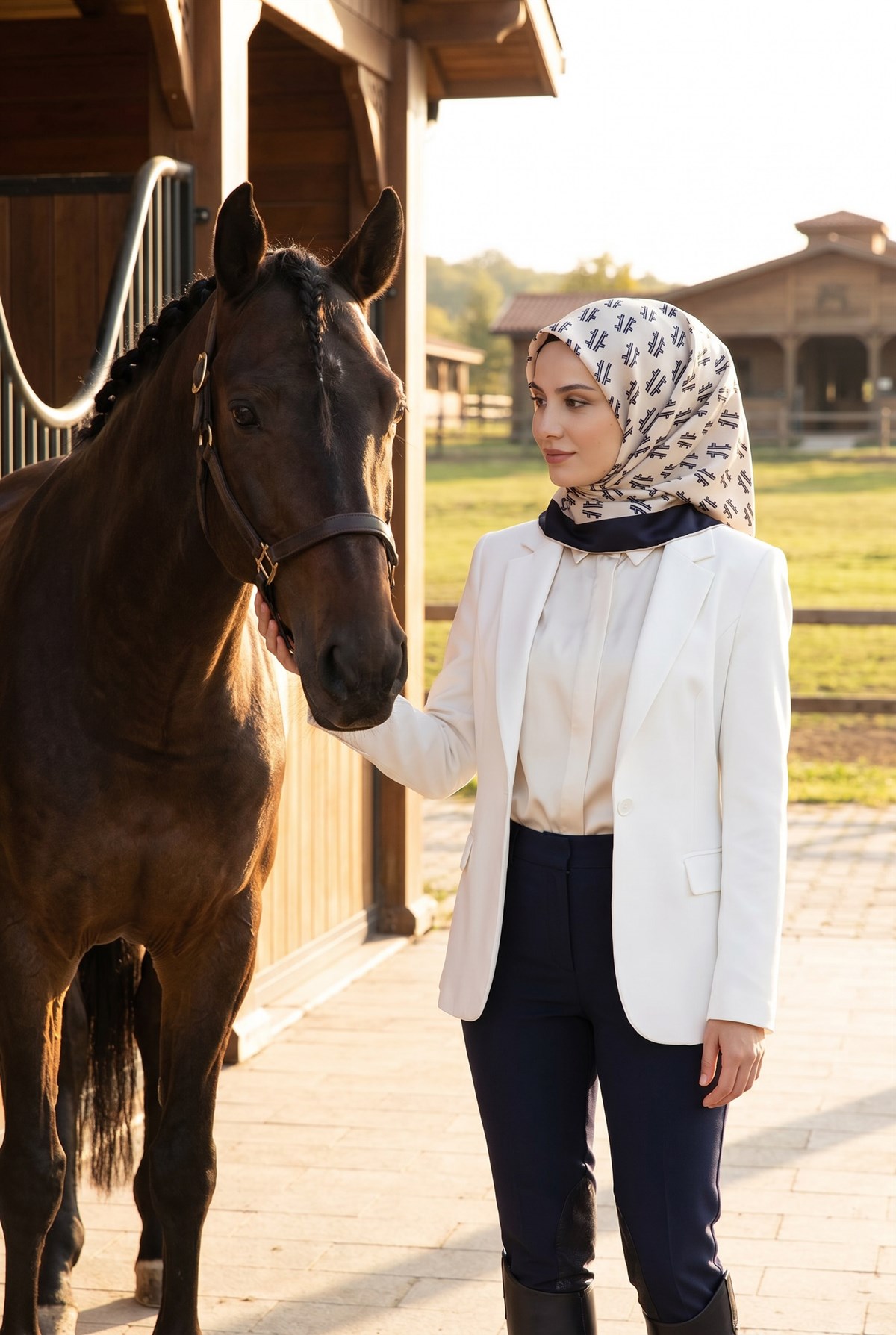%100 Twill İpek Geometrik Desenli Krem - Lacivert Renkli 90x90 Eşarp Dikim Şekli : El Dikişi