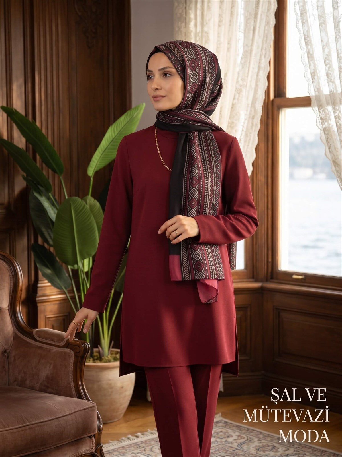 %100 İPEK ETNİK DESENLİ SİYAH - BORDO RENKLİ ŞAL