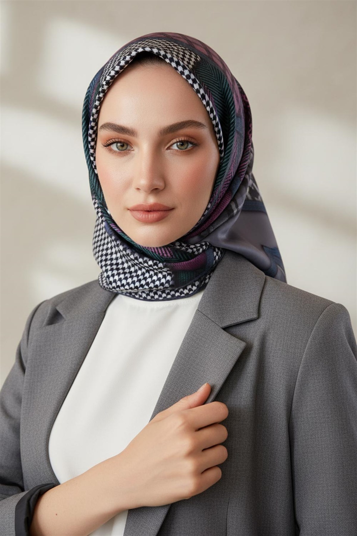 %100 Twill İpek Kazakayaklı Ve Ekose Desenli Gri - Gümüş Renkli 90x90 Eşarp Dikim Şekli : El Dikişi