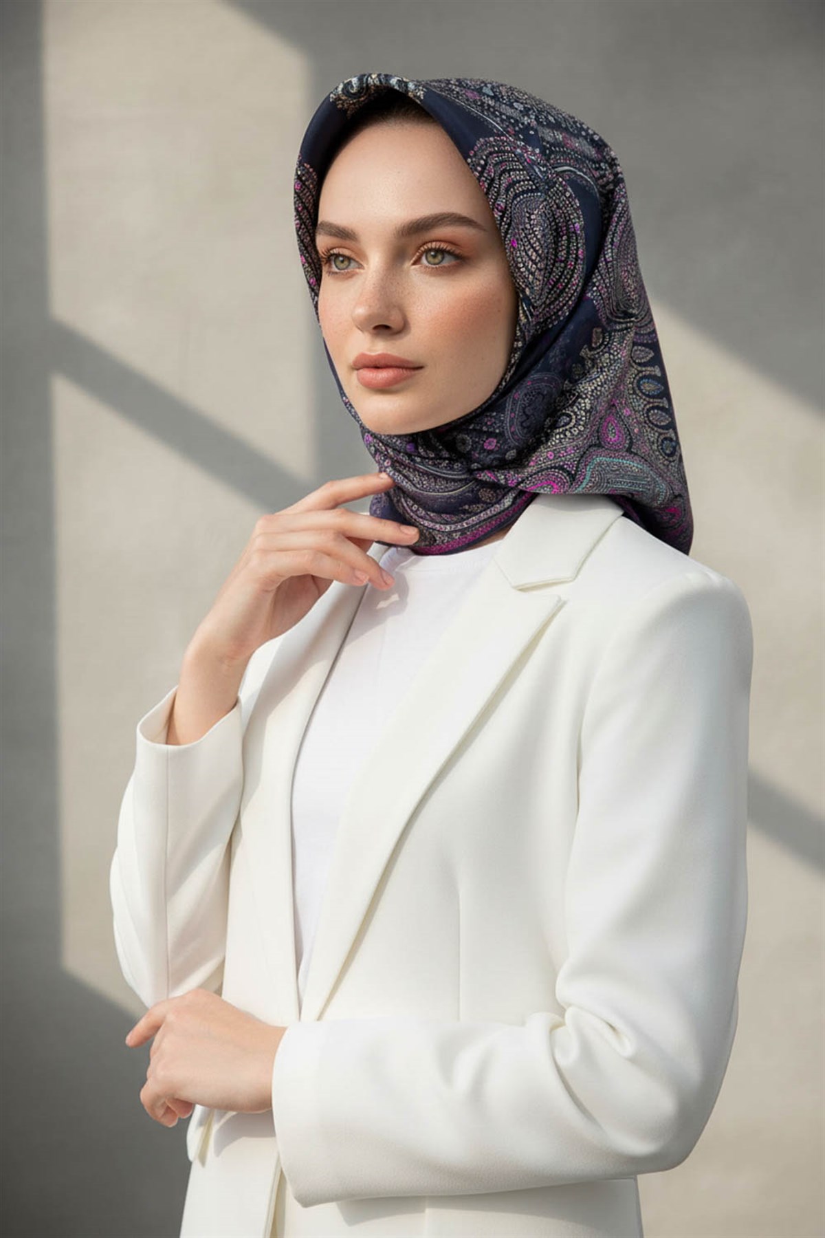 %100 Twill İpek Şal Desenli Lacivert Renkli 90x90 Eşarp Dikim Şekli : El Dikişi